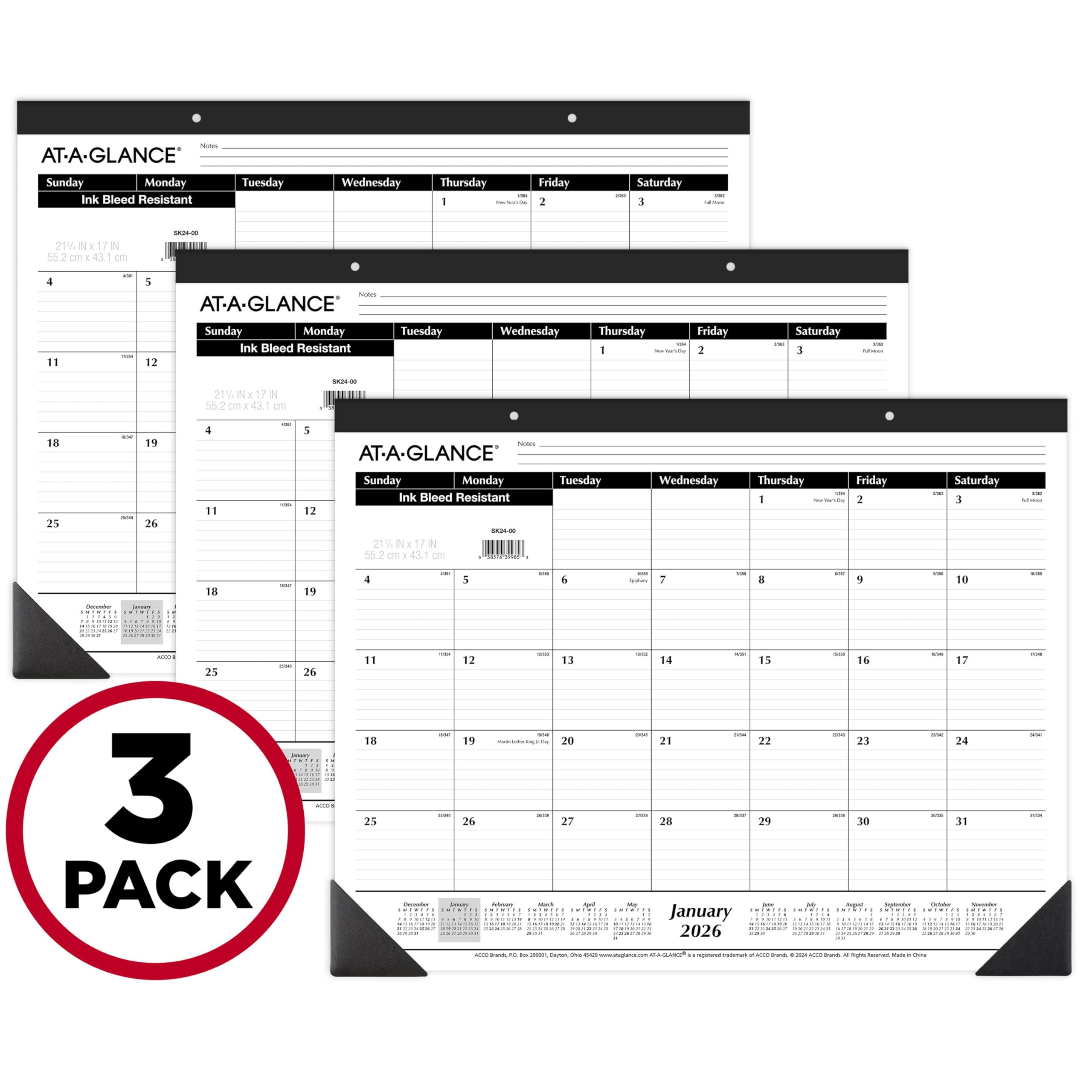 AT-A-GLANCE 2027 Desk Pad Calendar, Monthly Desk Wall Planner, 21.75" x 17", Ruled Blocks, 3 Pack (AZSK240027), White