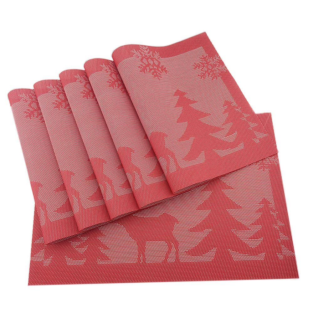 Place Mats PVC Set of 6, Table Placemats Set of 6 PVC Table Mats Natural Color (6 pcs, Red Leaves)