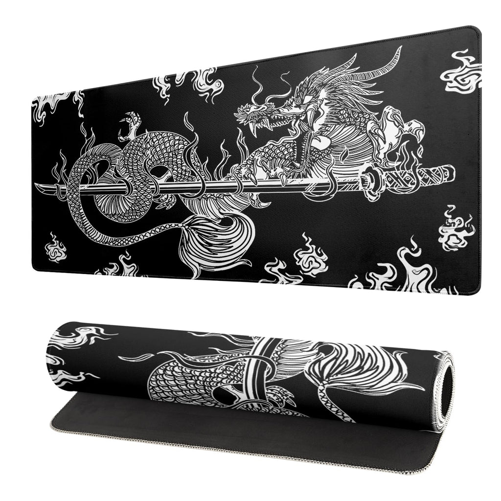 Black and White Japanese Wave Dragon Gaming Mouse Pad - Abstract Mat with Non-Slip Rubber Base, 31.5x11.8 Inch, Stitched Edges - Desk Pad for Office and Home