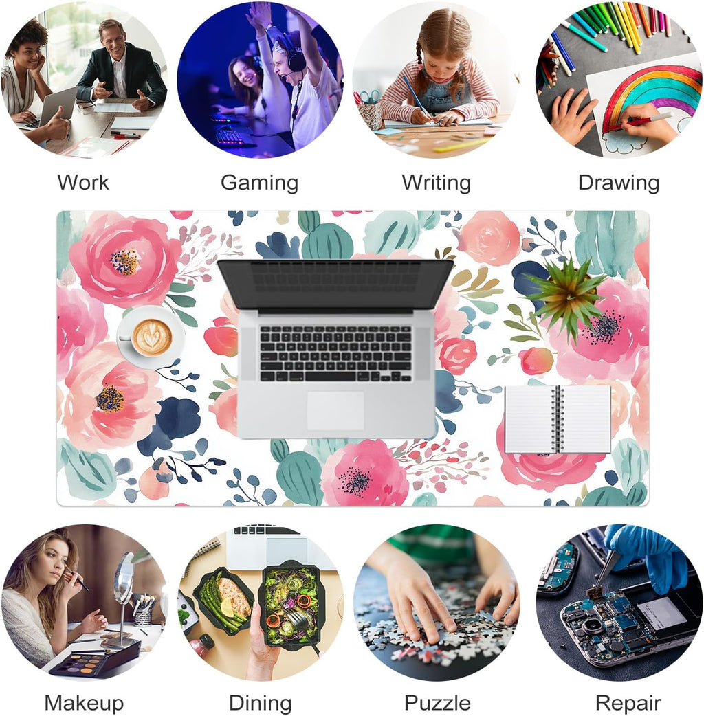 Faux Leather Large Mouse Pad, Office Desk Mat, 31.5"x15.7", Pink Floral
