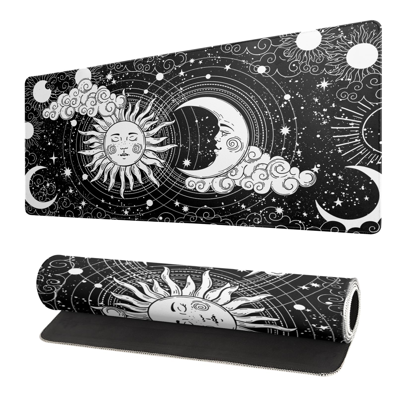 Black and White Japanese Wave Dragon Gaming Mouse Pad - Abstract Mat with Non-Slip Rubber Base, 31.5x11.8 Inch, Stitched Edges - Desk Pad for Office and Home