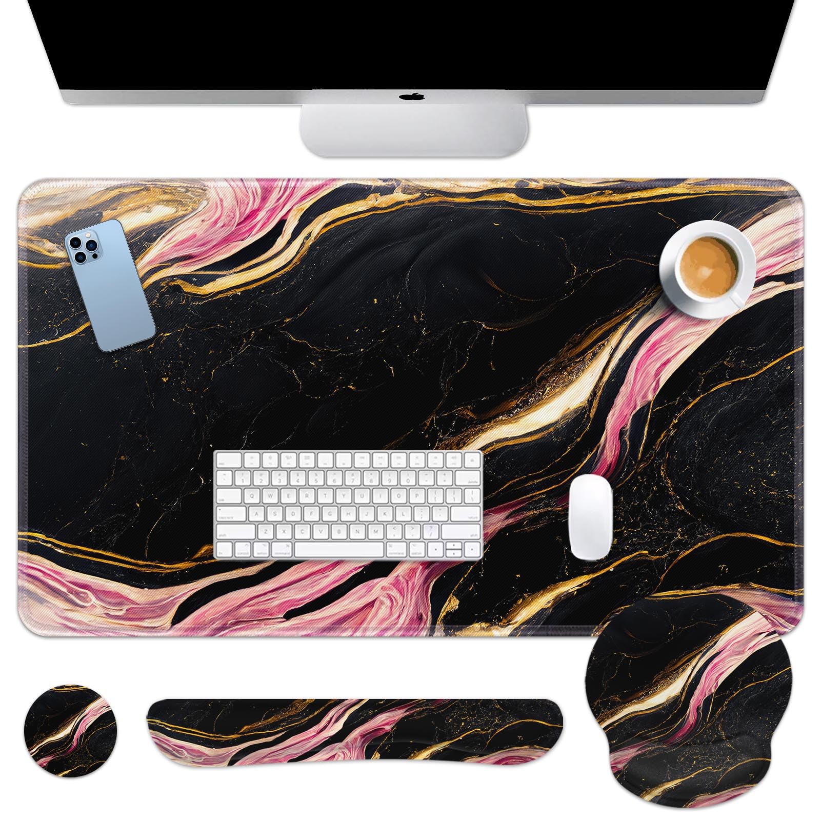 Britimes Keyboard Mouse Pad Set, 4 in 1 Desk Mat Set, Pink Rose Gold