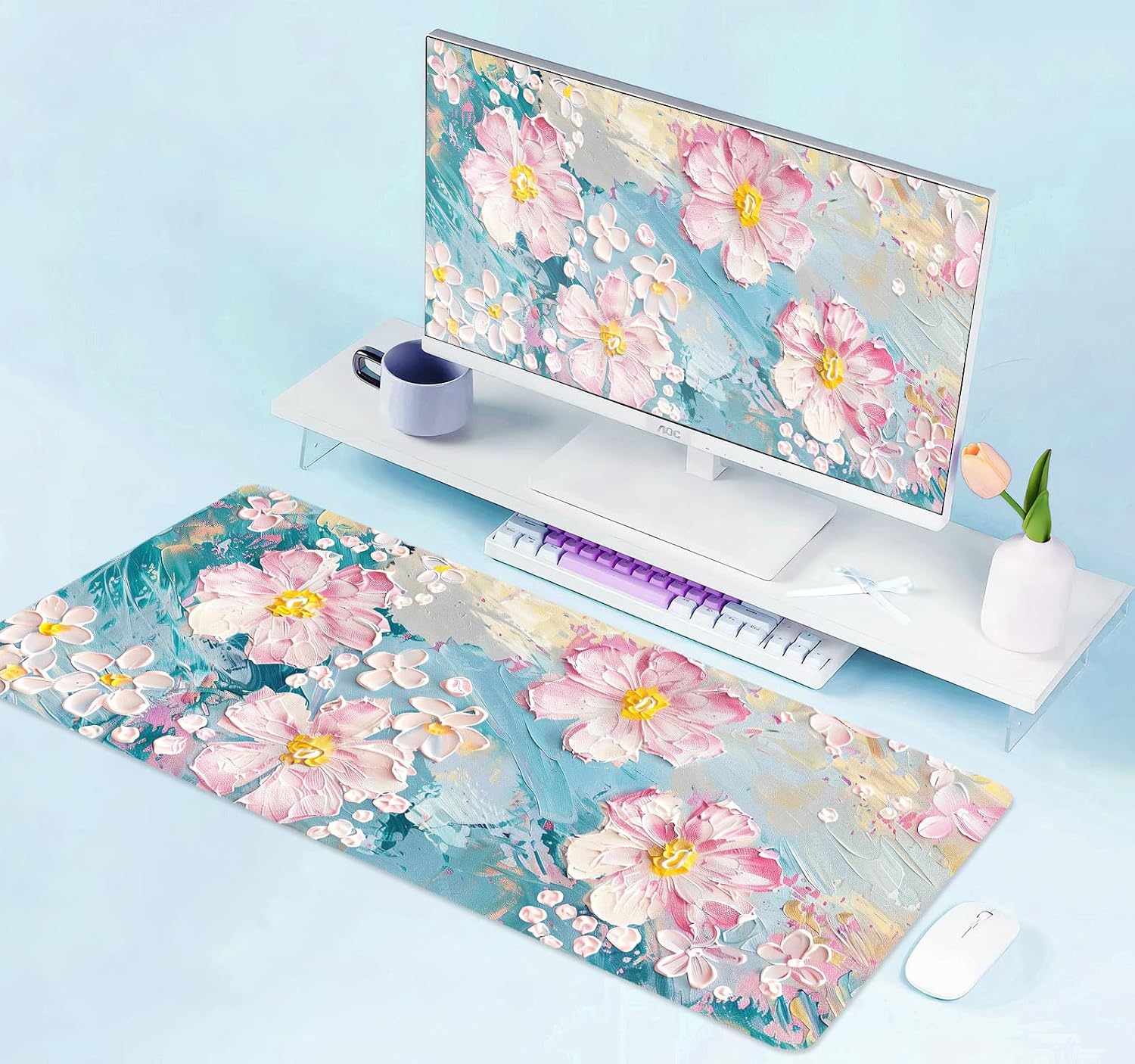 Large Mouse Pad Mousepad, Pink Flowers in a Blue Desk Mats for Desktop, Watercolor Beautiful Floral Laptop Computer Desk Pad, Non-Slip Rubber Base Desktop Mat, 31.5 x 11.8 inches