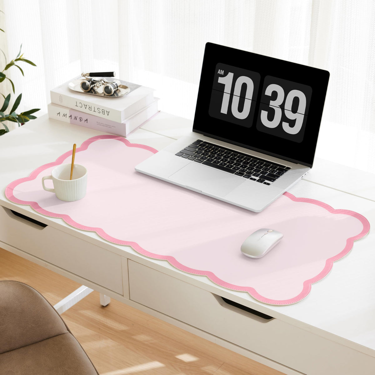 Scalloped Desk Mat, 31.5" x 15.7" Large Cute Aesthetic Desk Accessories, PU Leather Computer Laptop Desk Mouse Keyboard Pad, Desk Writing Mat for Vanity/Work/Home Decor (Pink, 31.5" x 15.7")