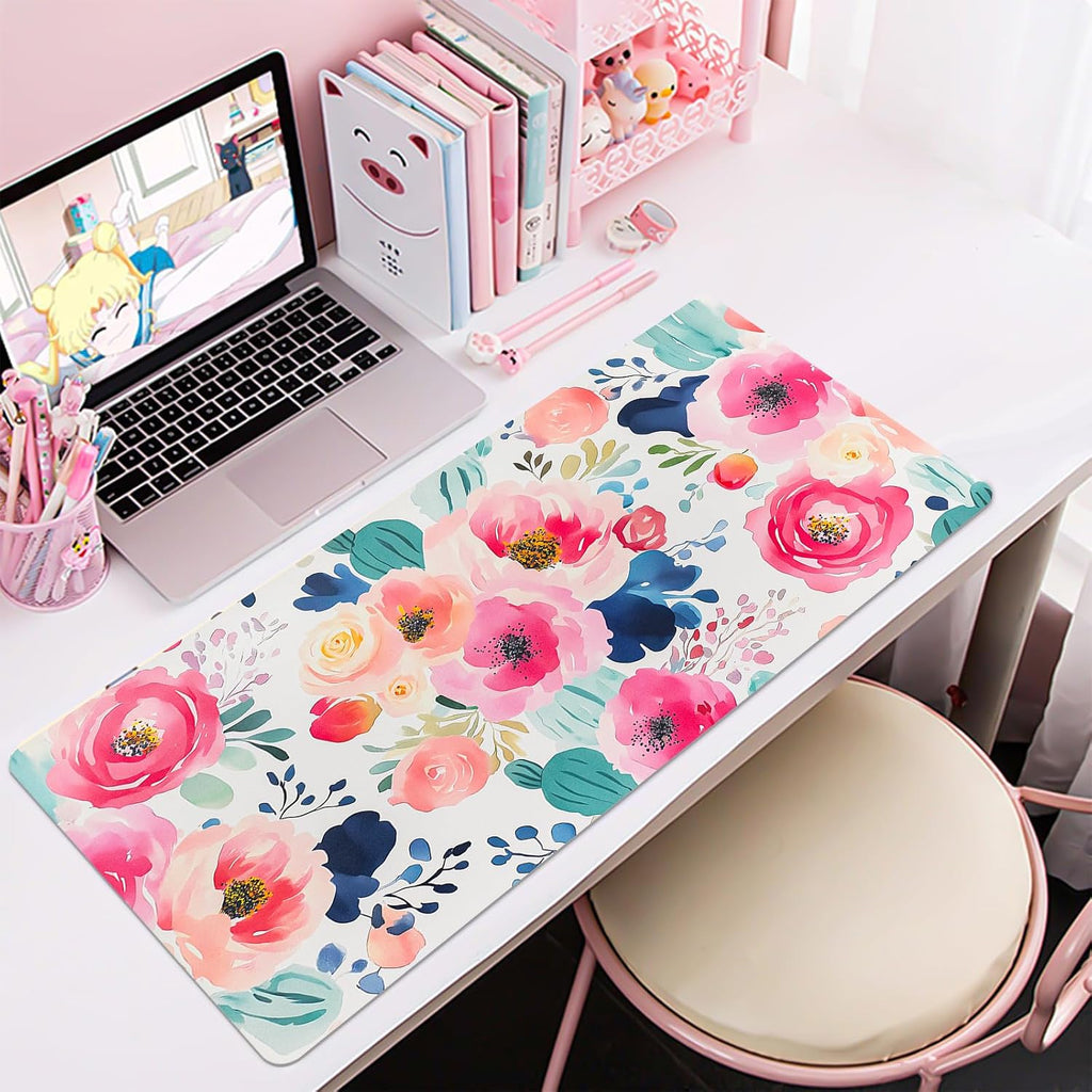 Bloss Pink Floral Desk Mat Cute, Leather Desk Pad, 31.5 x 15.7 Inch