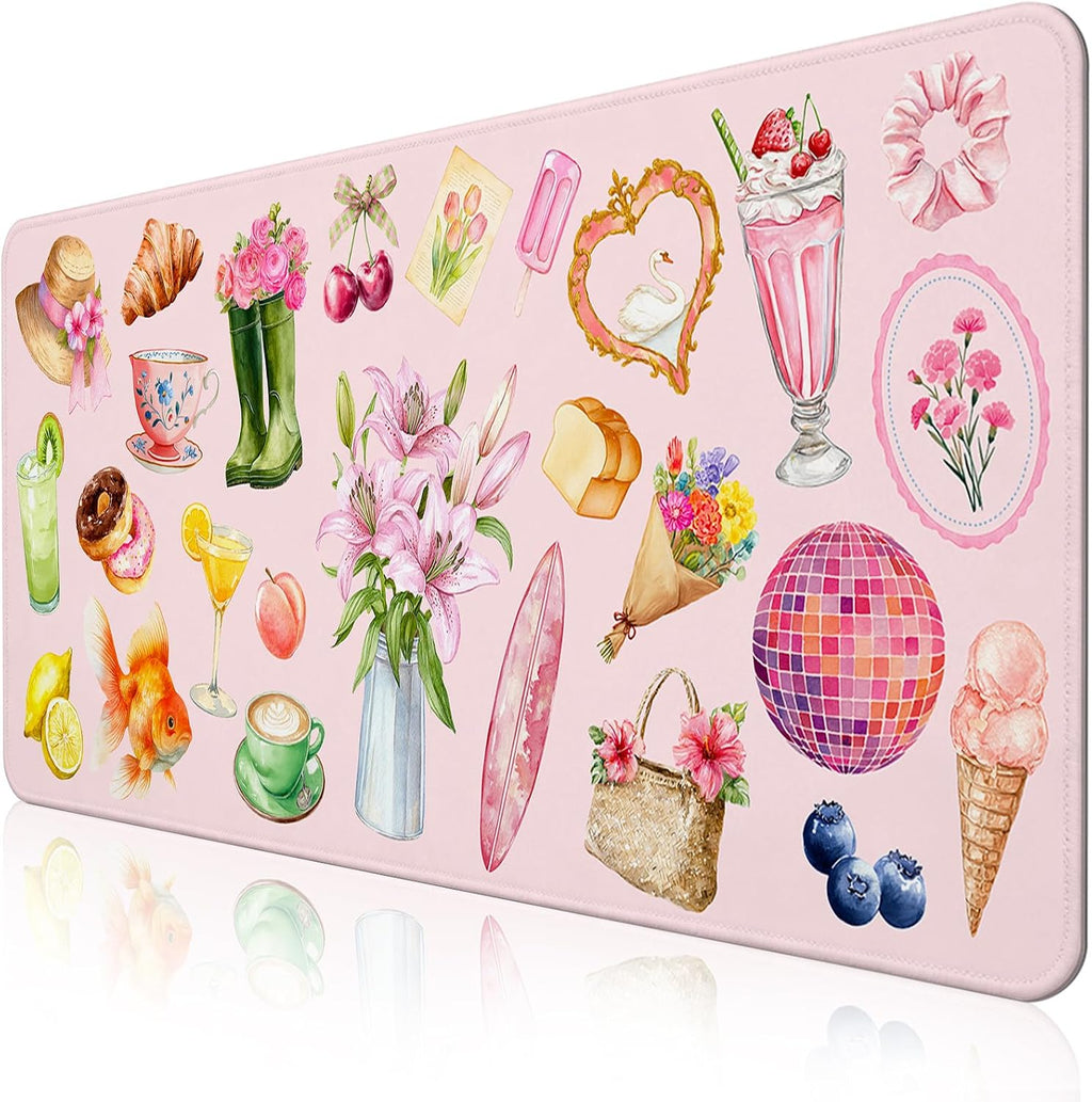 Pink Floral Mouse Pad Large 35.4×15.7 Aesthetic Cute Desk Mat