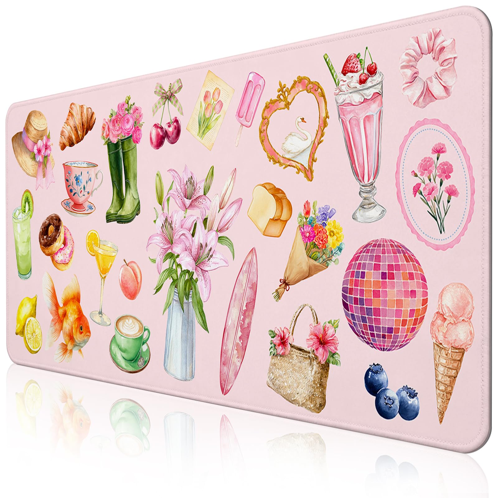 Pink Floral Mouse Pad Large 35.4×15.7 Aesthetic Cute Desk Mat