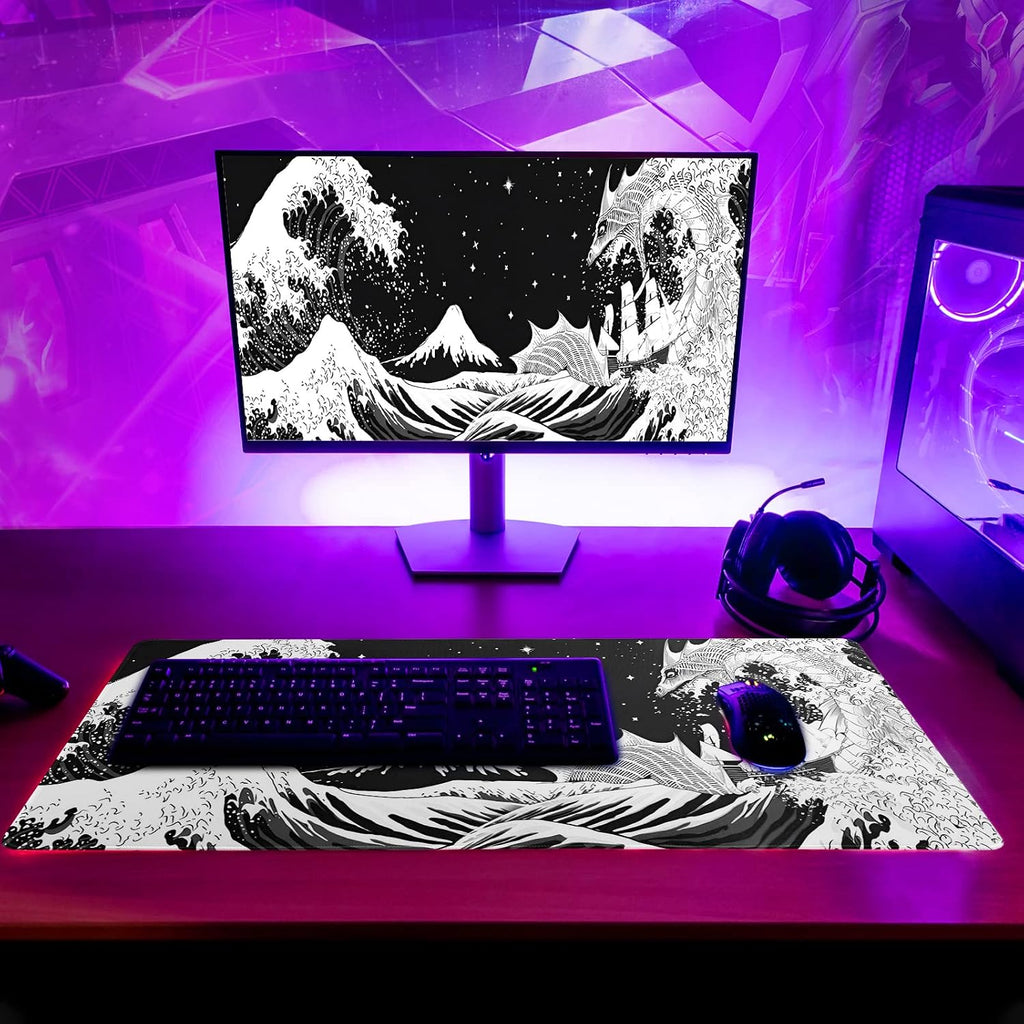 Black and White Japanese Wave Dragon Gaming Mouse Pad - Abstract Mat with Non-Slip Rubber Base, 31.5x11.8 Inch, Stitched Edges - Desk Pad for Office and Home
