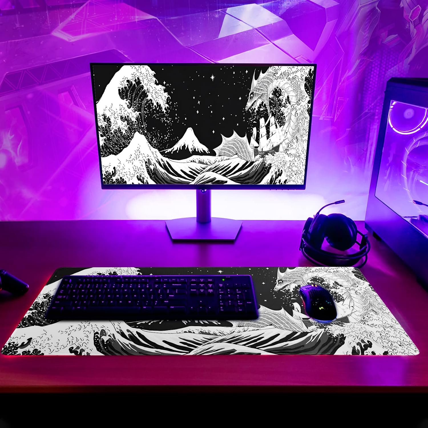 Black and White Japanese Wave Dragon Gaming Mouse Pad - Abstract Mat with Non-Slip Rubber Base, 31.5x11.8 Inch, Stitched Edges - Desk Pad for Office and Home
