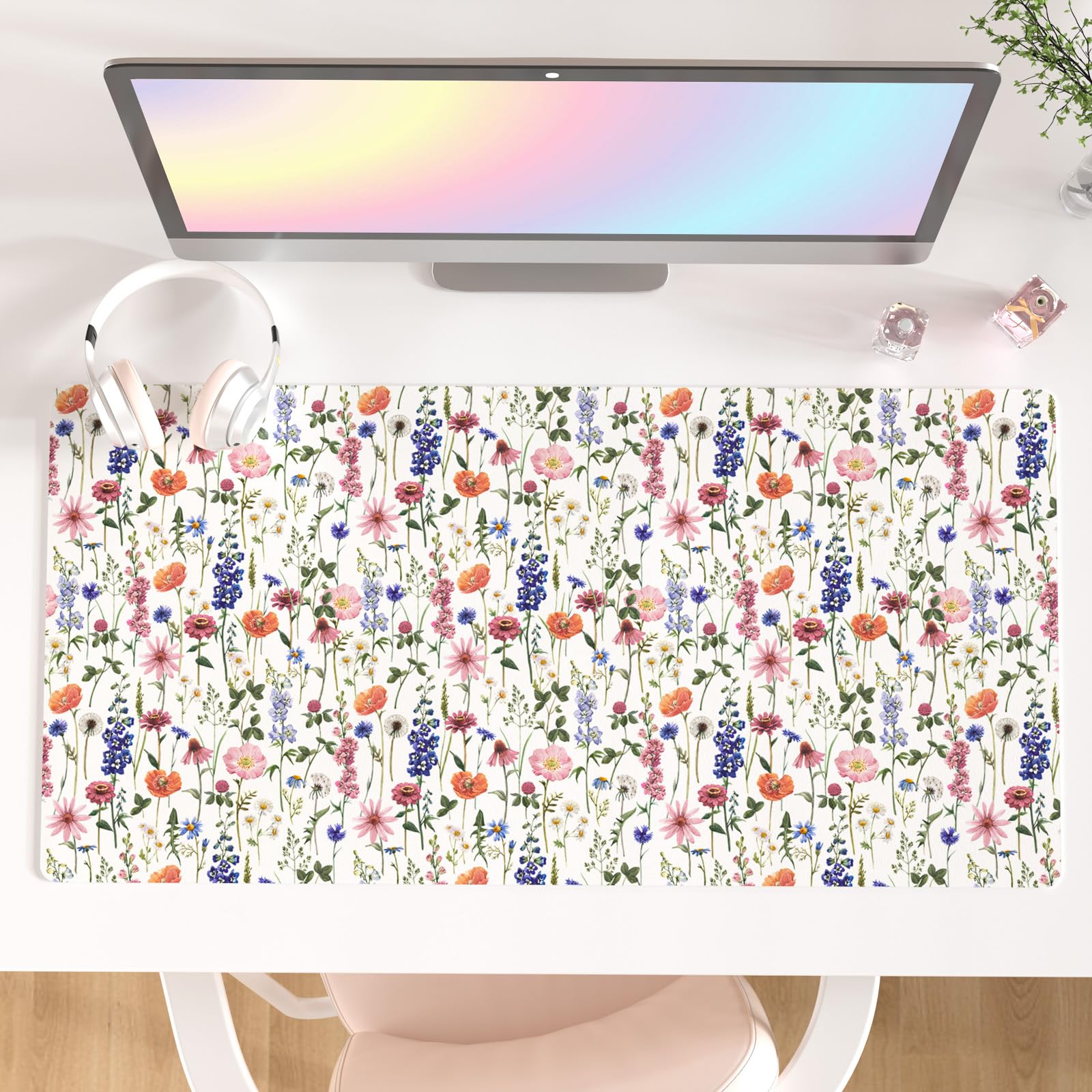 Faux Leather Large Mouse Pad, Office Desk Mat, 31.5"x15.7", Pink Floral