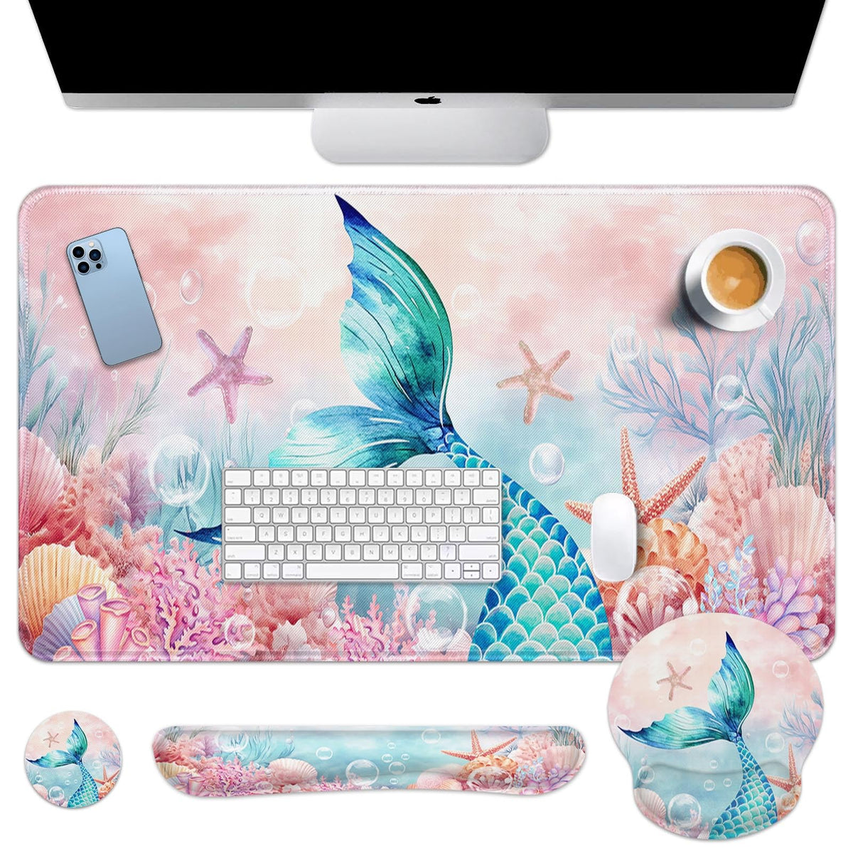Britimes Keyboard Mouse Pad Set, 4 in 1 Desk Mat Set, Pink Rose Gold