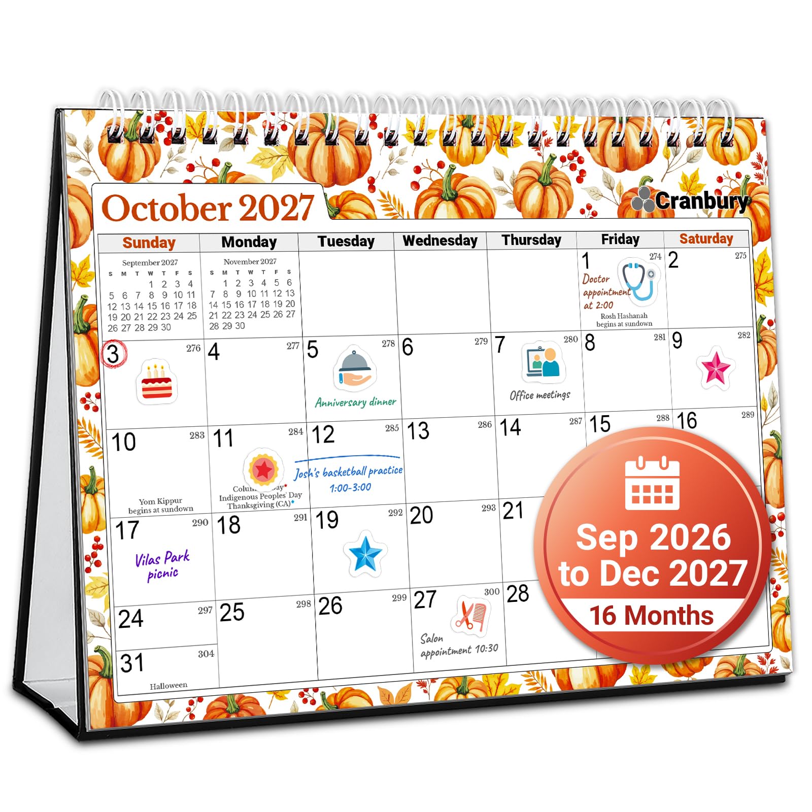 CRANBURY 2026-2027 Small Desk Calendar 8x6, Standing Flip Planner