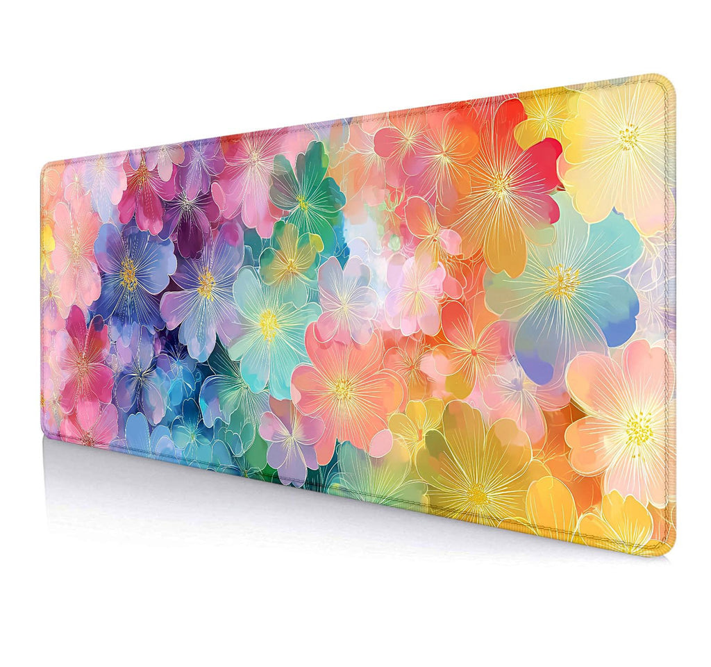 Large Mouse Pad Mousepad, Pink Flowers in a Blue Desk Mats for Desktop, Watercolor Beautiful Floral Laptop Computer Desk Pad, Non-Slip Rubber Base Desktop Mat, 31.5 x 11.8 inches