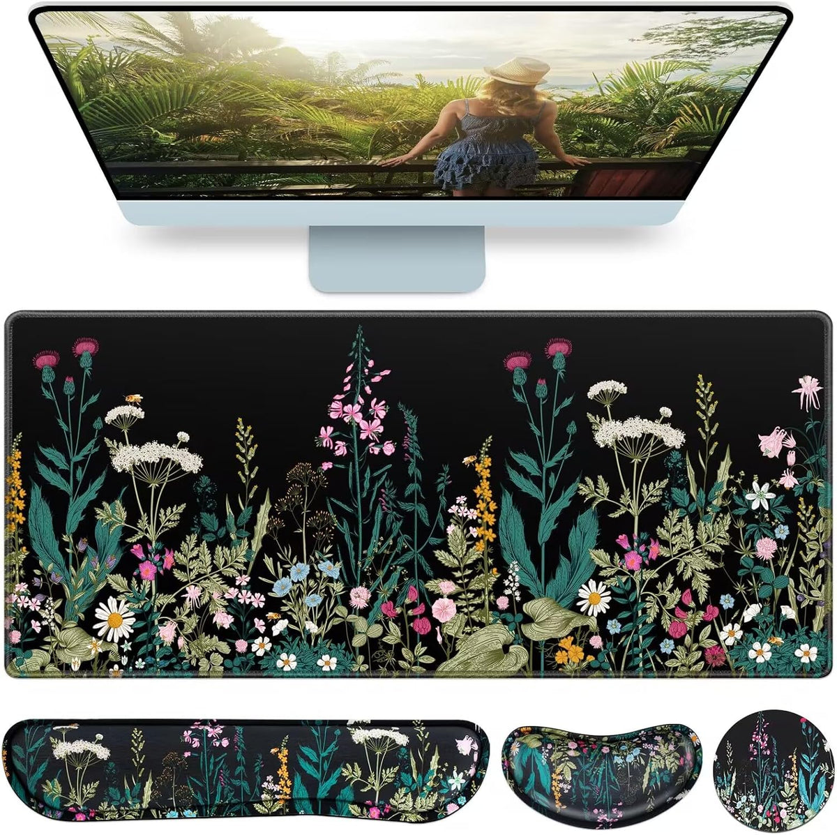 Desk Mat, Large Gaming Mouse Pad with Wrist Rest, 4in1 XXL Mousepad Floral