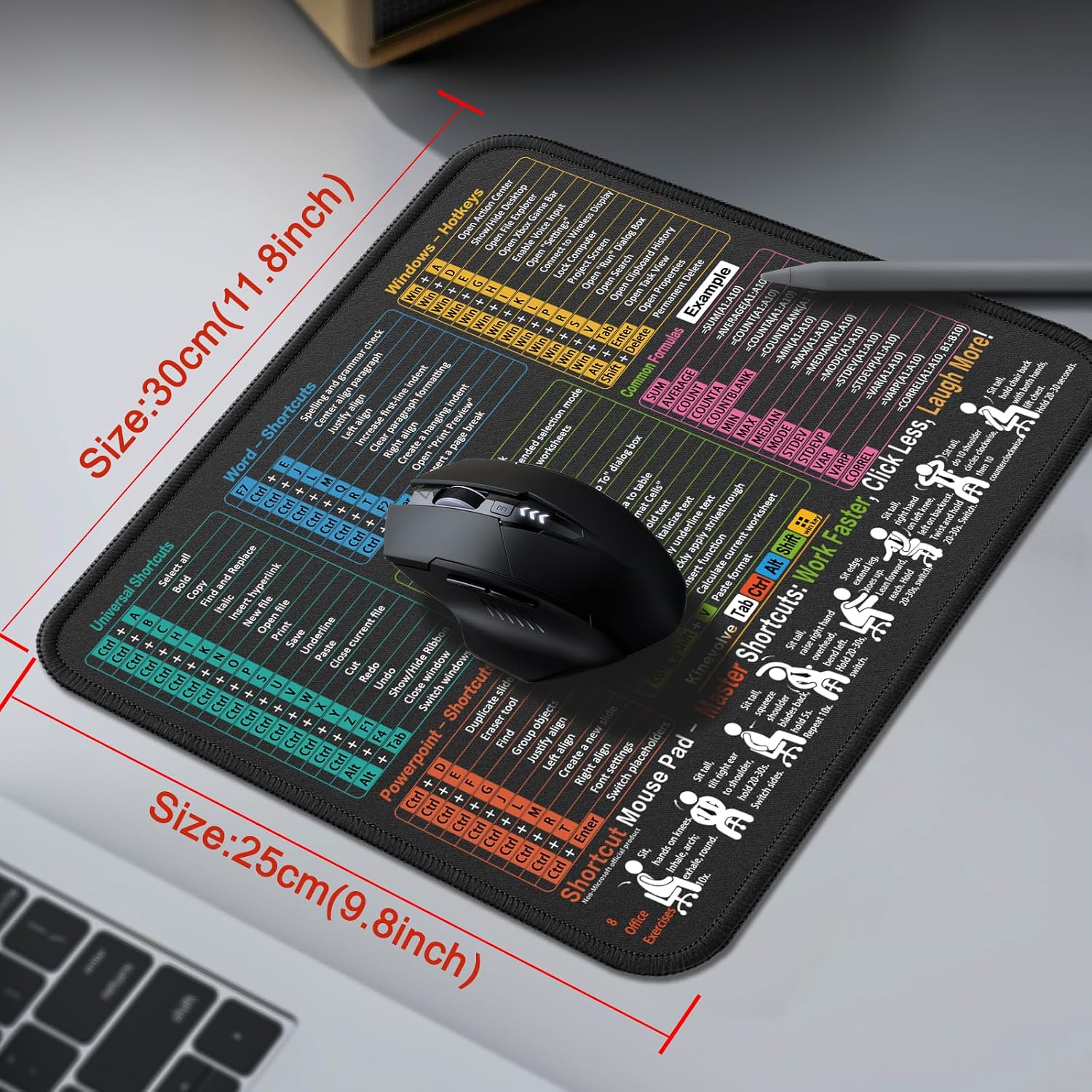 Kinevolve Mouse Pad for Excel/Word/PowerPoint/Windows Shortcuts – Small Excel Cheat Sheet Desk Pad – 11.8"x9.8" Portable Computer Mousepad – Gaming, Office, Waterproof, Non-Slip, Stitched Edges