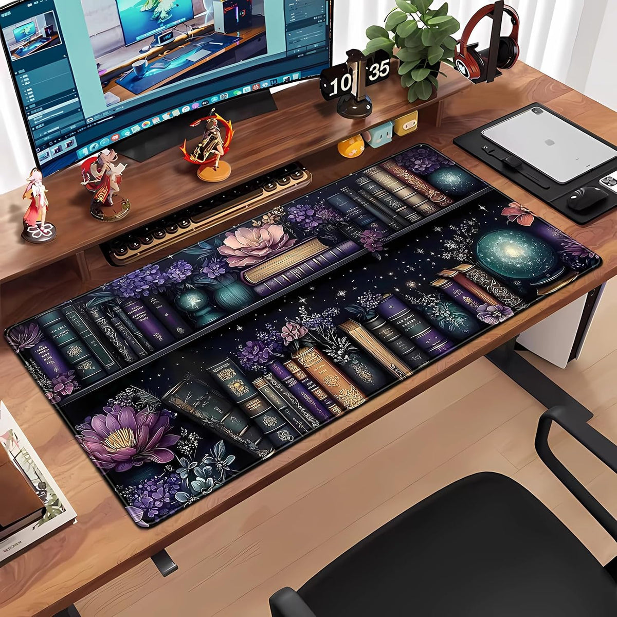 Purple Flowers Bookshelf Desk Mat Bookish Desk Pad Celestial Floral Books Large Mouse Pad XXL Extended Mousepad Aesthetic Keyboard Pad Crystal Globe Mouse Mat 31.5x15.7 in Office Decor for Women