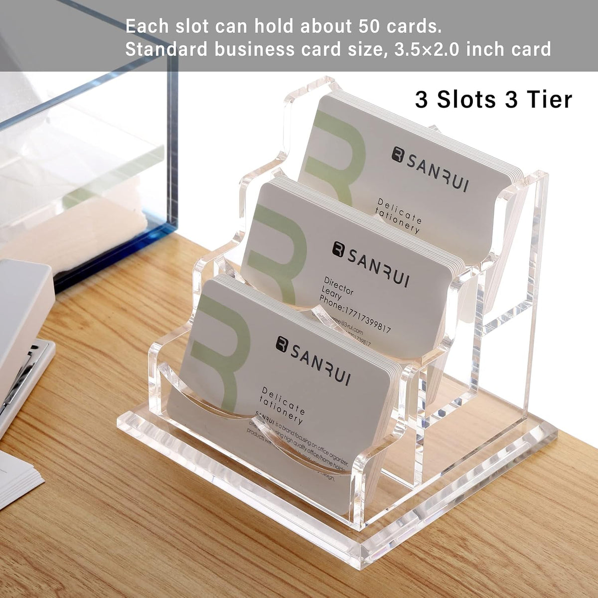 YUXUN Business Card Holder Display for Desk, Clear Acrylic Cards Organizer 3 Tier 3 Slots, Business Card Stand for Women Men, Multiple Business Card Display for Exhibition, Home, Office