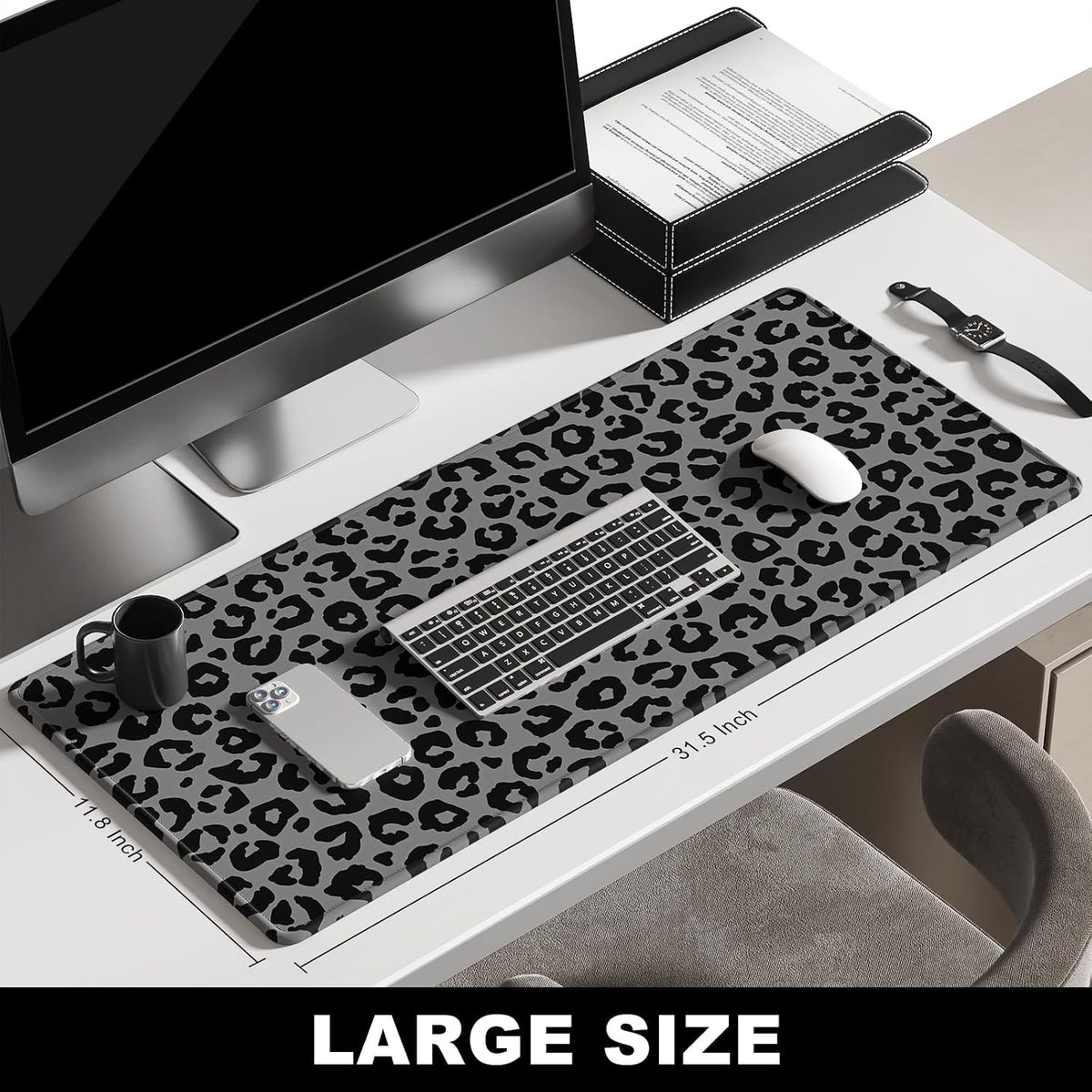 BOSOBO Extended Gaming Desk Mat, XXL Full Cover 31.5 x 11.8 Inches, Black Leopard Print