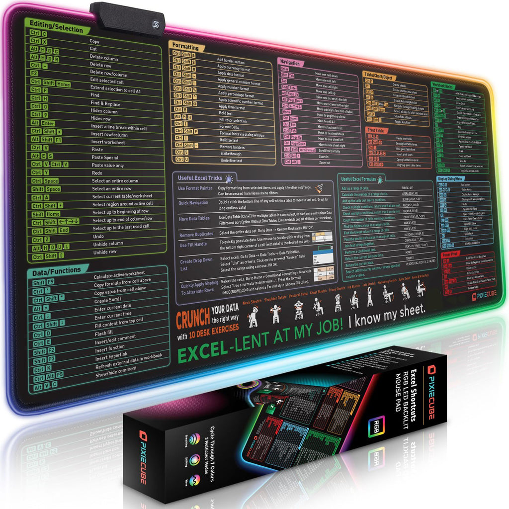 Pixiecube Excel Cheat Sheet Desk Pad | Excel Shortcut Keys Mouse Pad | Extended Large XL Gaming Mousepad | PC Office Spreadsheet Keyboard Mat | Non-Slip Stitched Edge