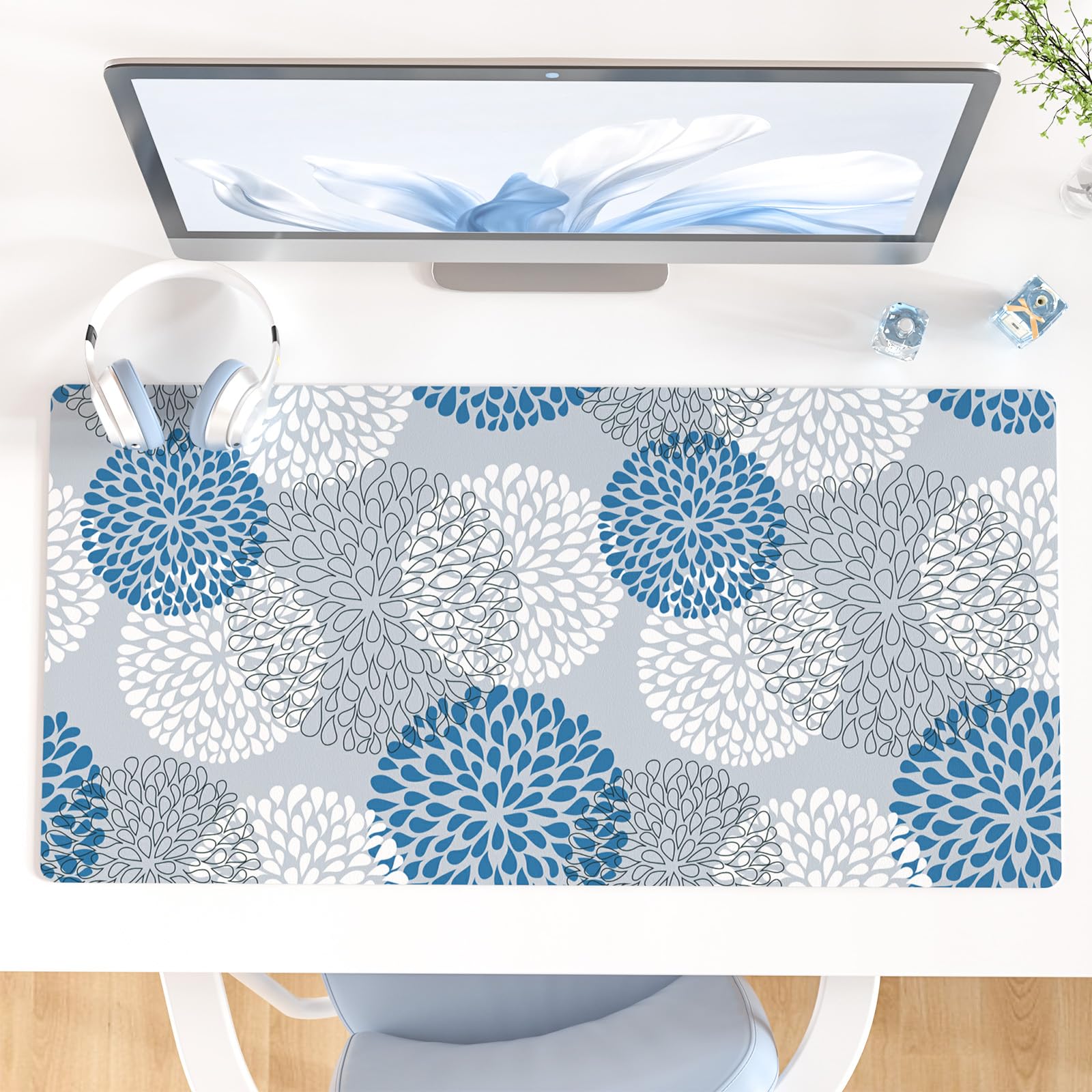 QIYI PU Leather Large Mouse Pad, Waterproof Desk Mat, 31.5" x 15.7", Peony