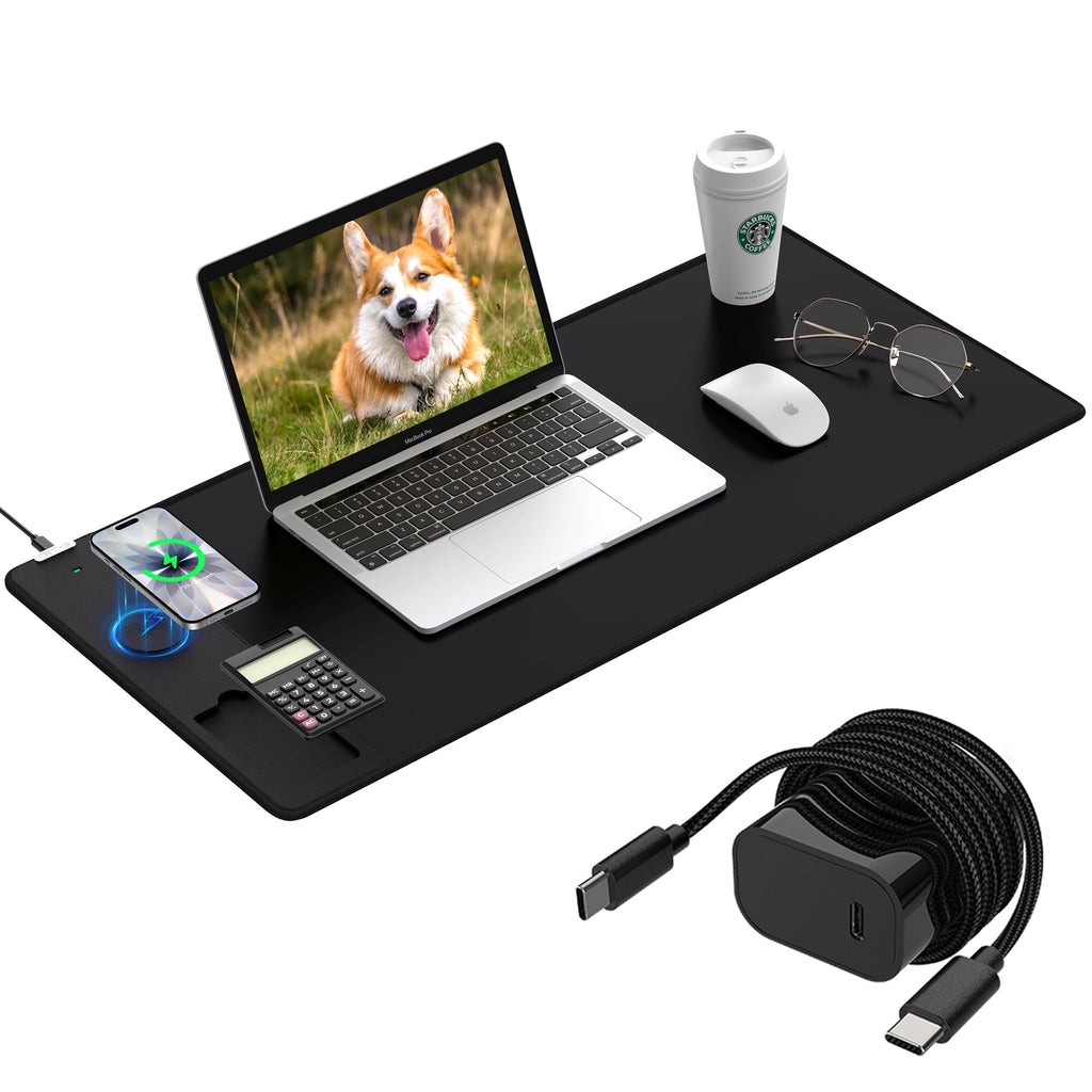 XXL Mouse Pad with Phone Holder - Black, RGB Desk Mat with 15W Fast Charging, LED Gaming Mousepad with 11 Light Colors, Waterproof Non-Slip Pad for Office & Home (Black with PD Adapter)