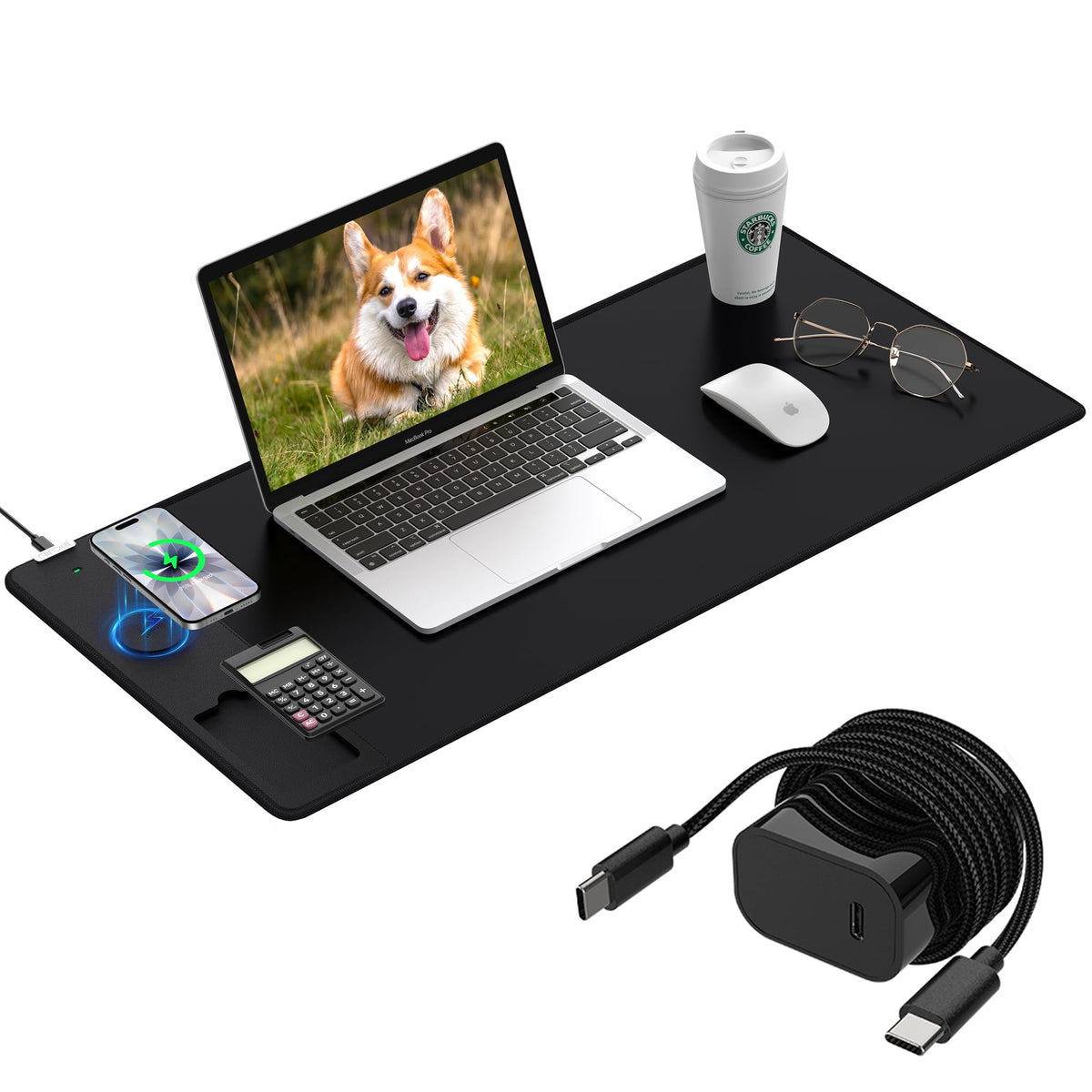 XXL Mouse Pad with Phone Holder - Black, RGB Desk Mat with 15W Fast Charging, LED Gaming Mousepad with 11 Light Colors, Waterproof Non-Slip Pad for Office & Home (Black with PD Adapter)