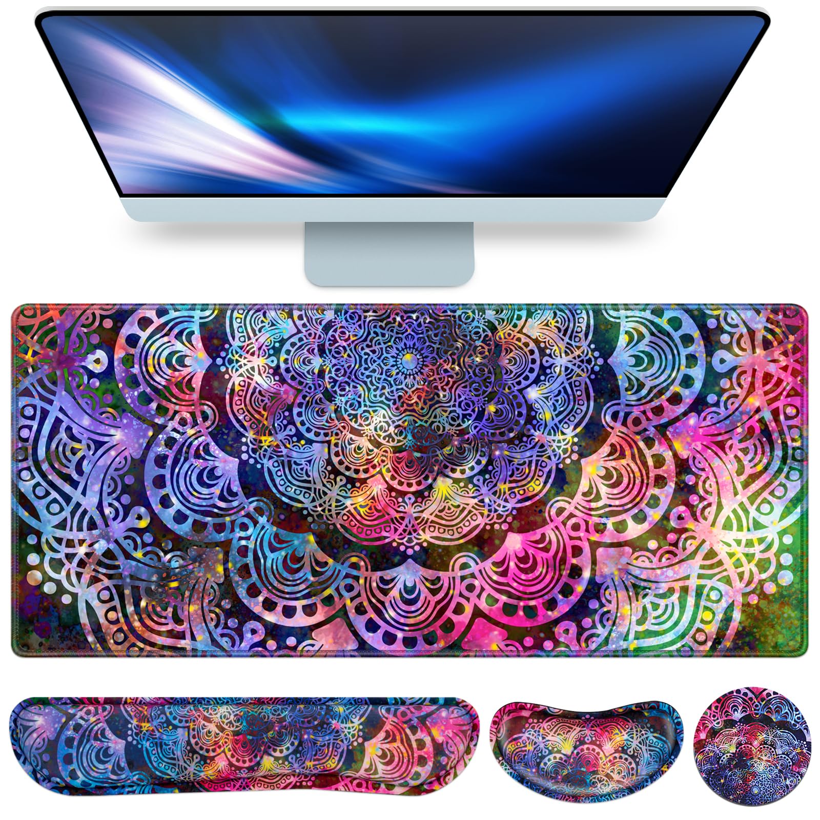 Desk Mat, Large Gaming Mouse Pad with Wrist Rest, 4in1 XXL Mousepad Floral