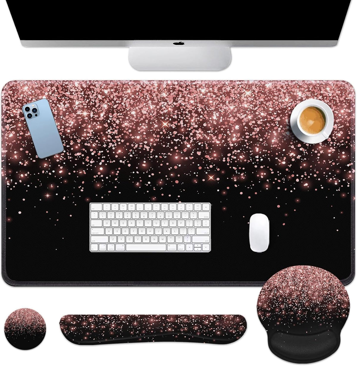 Britimes Keyboard Mouse Pad Set, 4 in 1 Desk Mat Set, Pink Rose Gold
