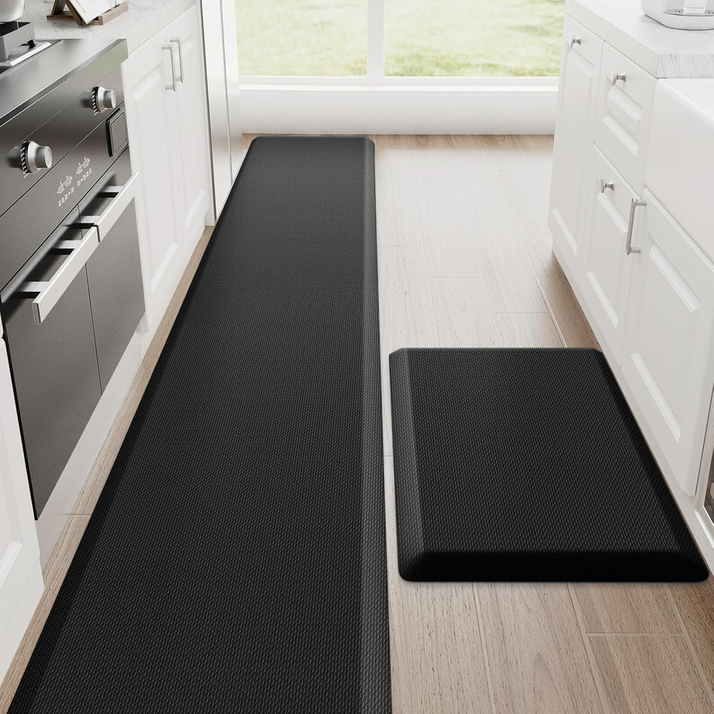 StepRite Kitchen Mats for Floor, 2-Piece Anti-Fatigue Kitchen Rugs, Black