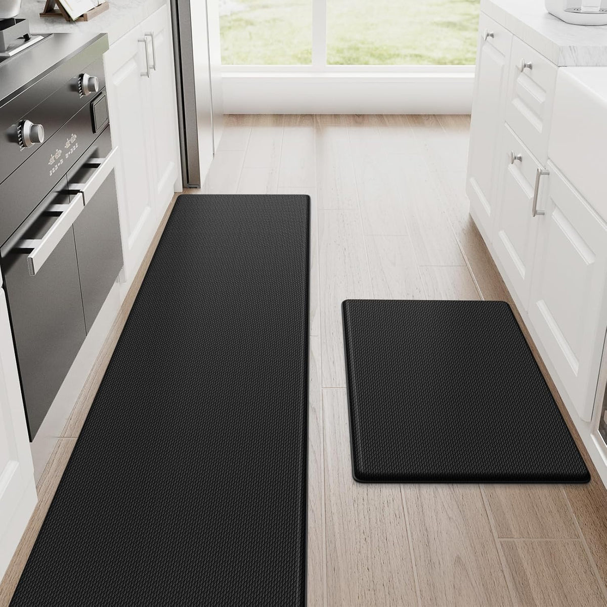 StepRite Kitchen Mats for Floor, 2-Piece Anti-Fatigue Kitchen Rugs, Black