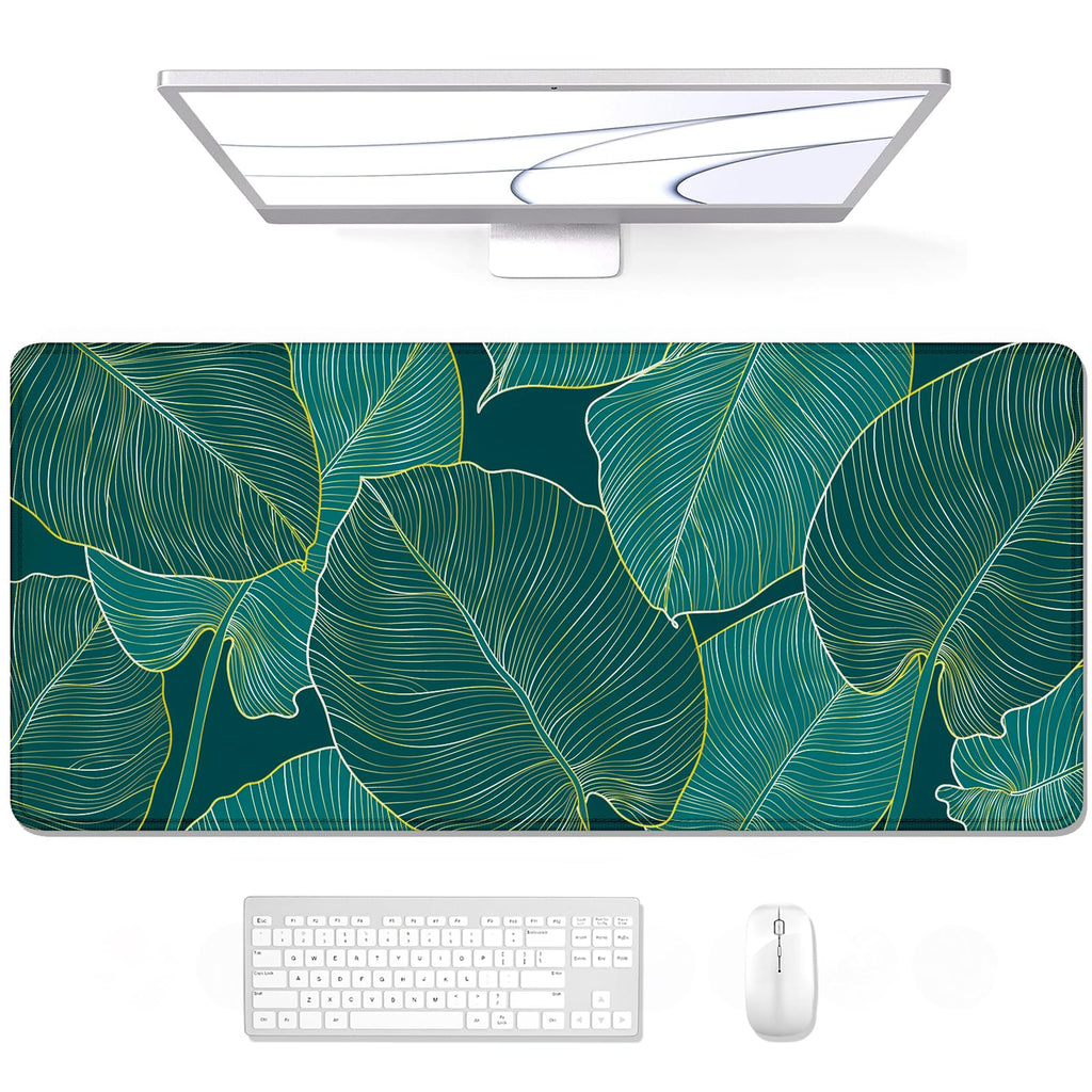 Auhoahsil Desk Mat, Ultra Large Mouse Pad, XXL Gaming Mousepad, Green Tropical Leaves Deskpad, Big Extended Full Size Mouse Pad, Desktop Desk Matt for Keyboard, Laptop & Computer, 35.5 x 15.7 in