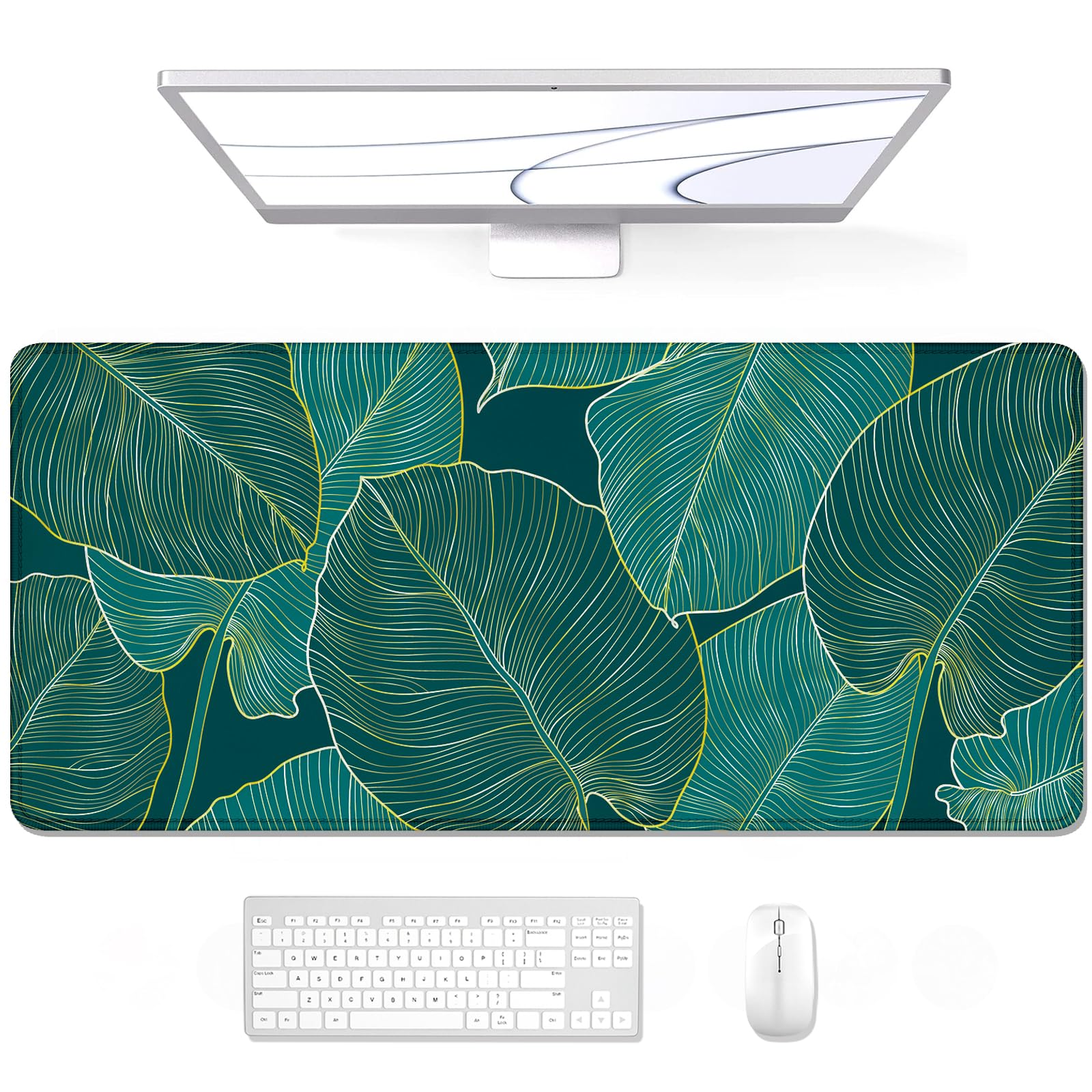 Auhoahsil Desk Mat, Ultra Large Mouse Pad, XXL Gaming Mousepad, Green Tropical Leaves Deskpad, Big Extended Full Size Mouse Pad, Desktop Desk Matt for Keyboard, Laptop & Computer, 35.5 x 15.7 in