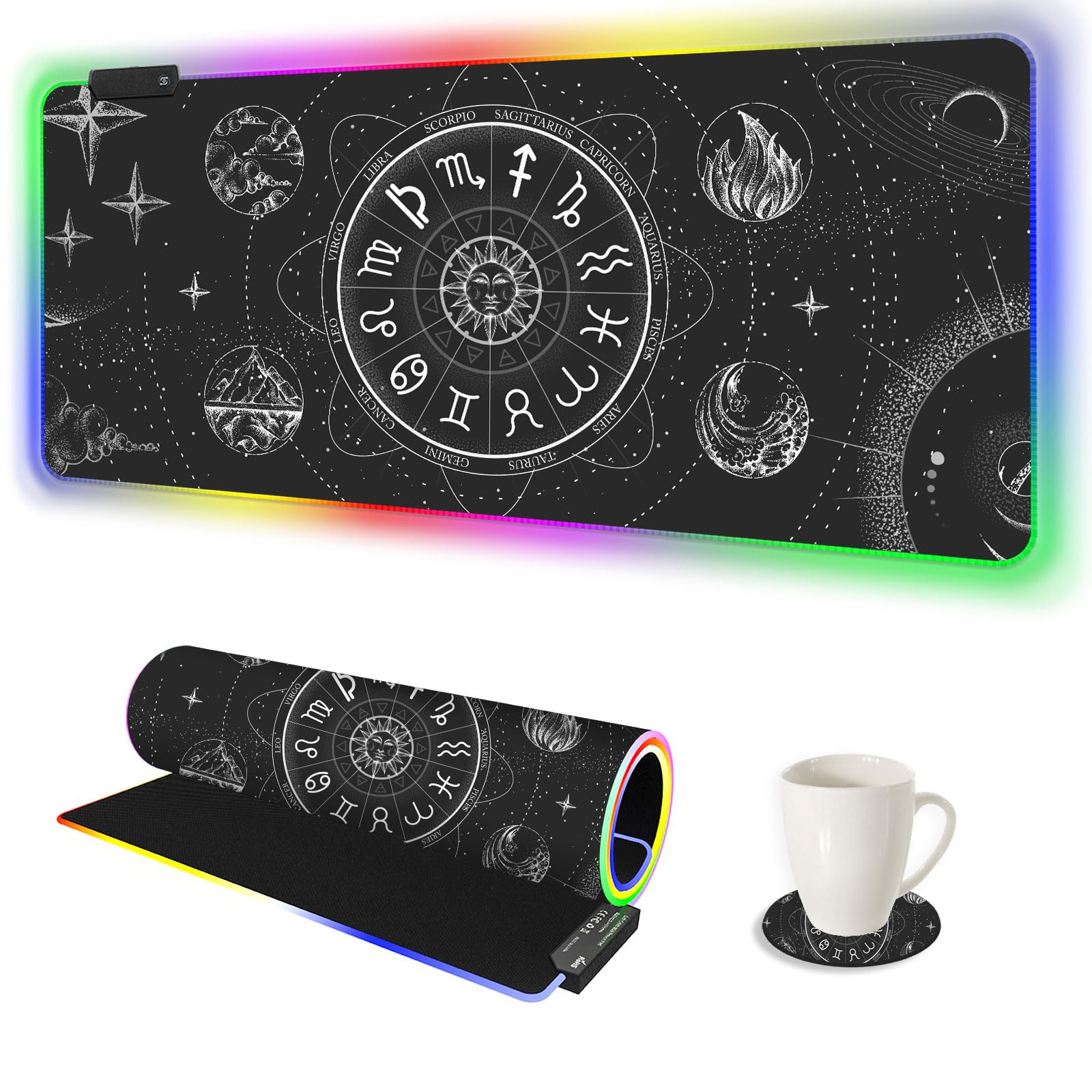 AIMSA RGB Gaming Mouse Pad Extended, Large Led Mousepads Non-Slip Rubber Base with 14 Lighting Modes, Computer Keyboard Mat Soft Desk pad Waterproof 35.4 x 15.8 inches, Galaxy Nebula Universe