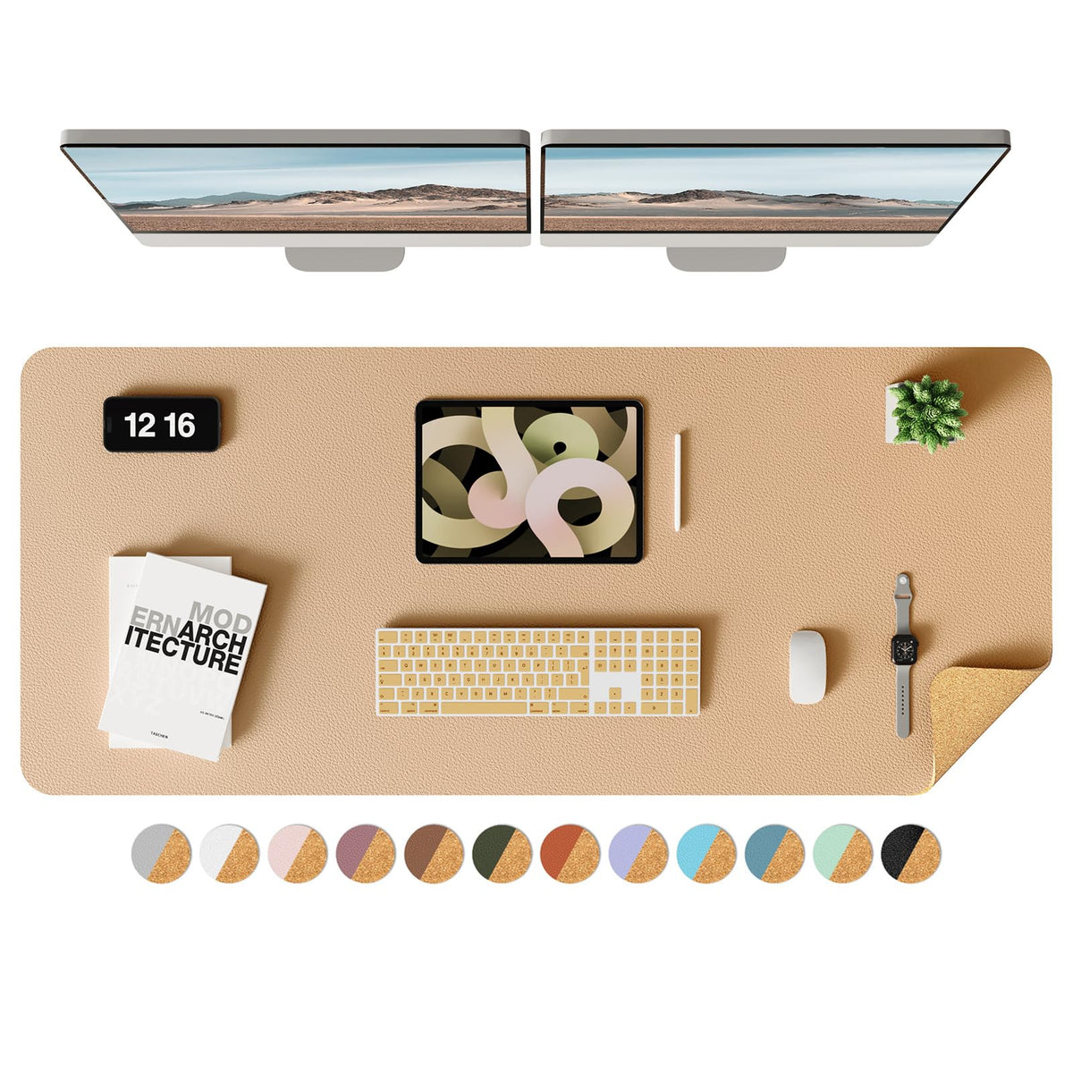 YSAGi Double-Sided Desk Pad, 31.5"x15.7"Leather Desk Mat, Eco Cork Desk Pad Protector,Large Mouse Pad,Waterproof Desk Blotter for Office/Home(Coffee)