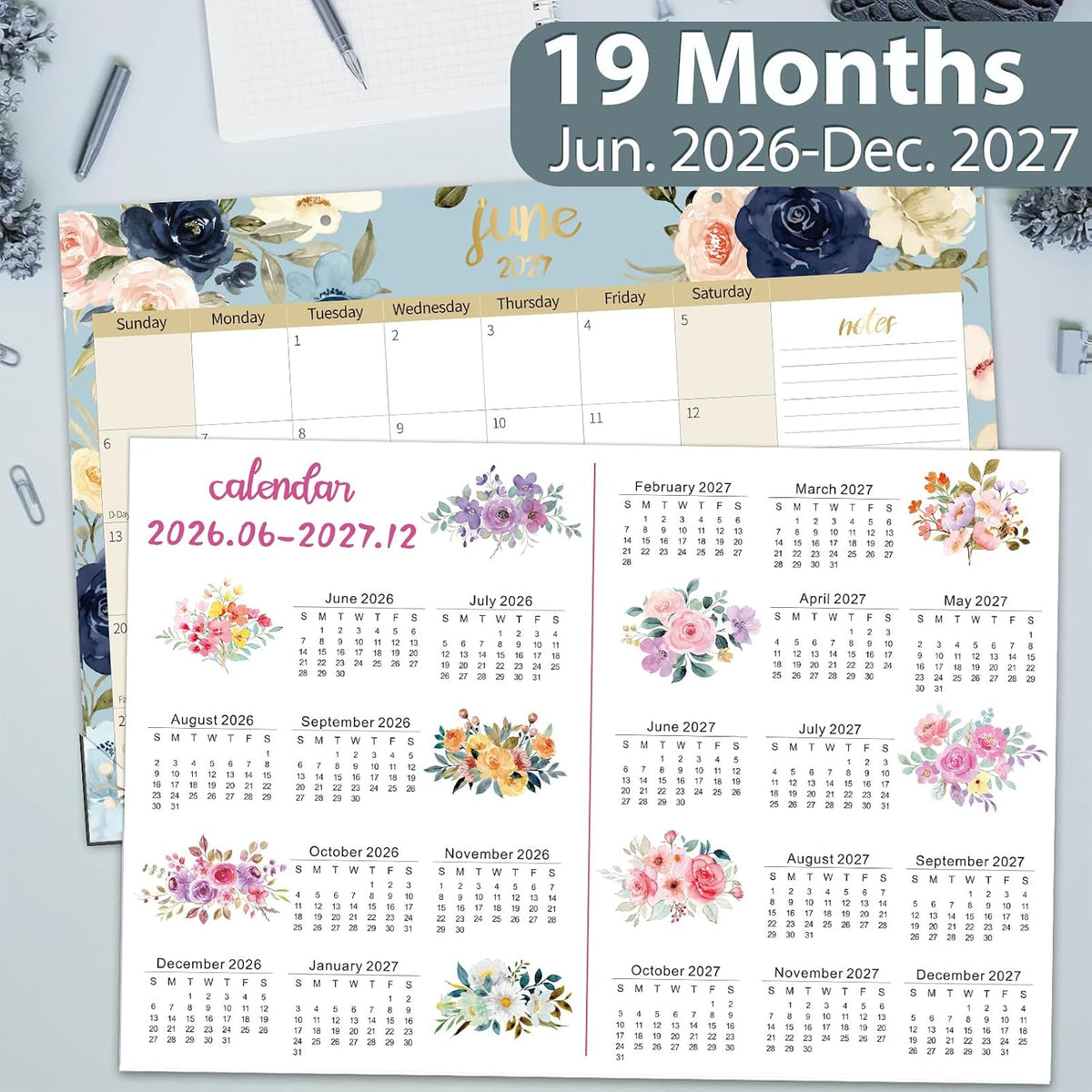 Guasslee Desk Calendar 2026-2027, 19 Month Jun 2026-Dec 2027, 17" X 11.5"