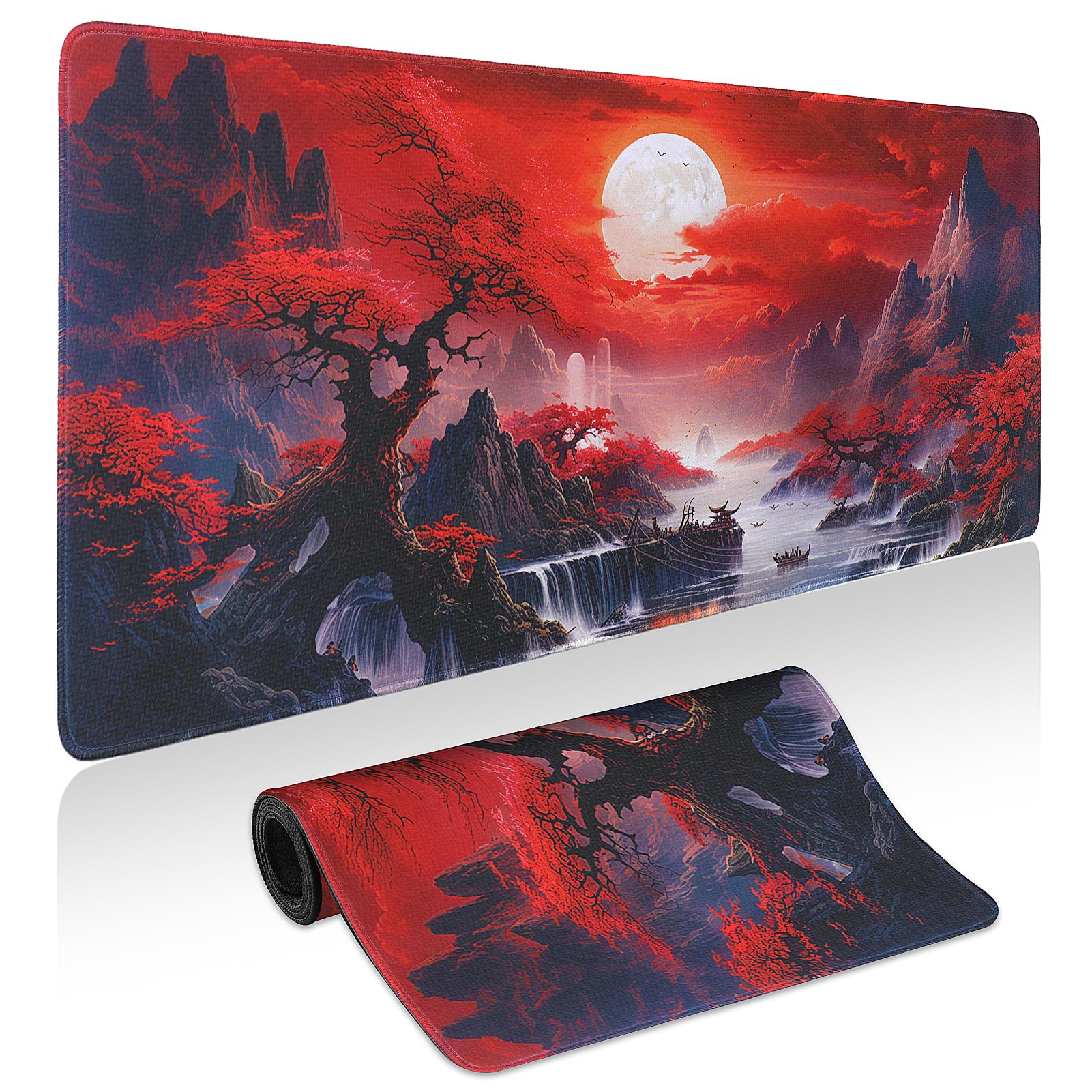 Mouse Pad Gaming - Desk Mat for Keyboard and Mouse - Kanagawa Large Mouse Pad for Desk, Japanese Sea Wave Mousepad (31.5 x 11.8inch) with Non-Slip Base, Desks Pad Mat for Game, Office and Home