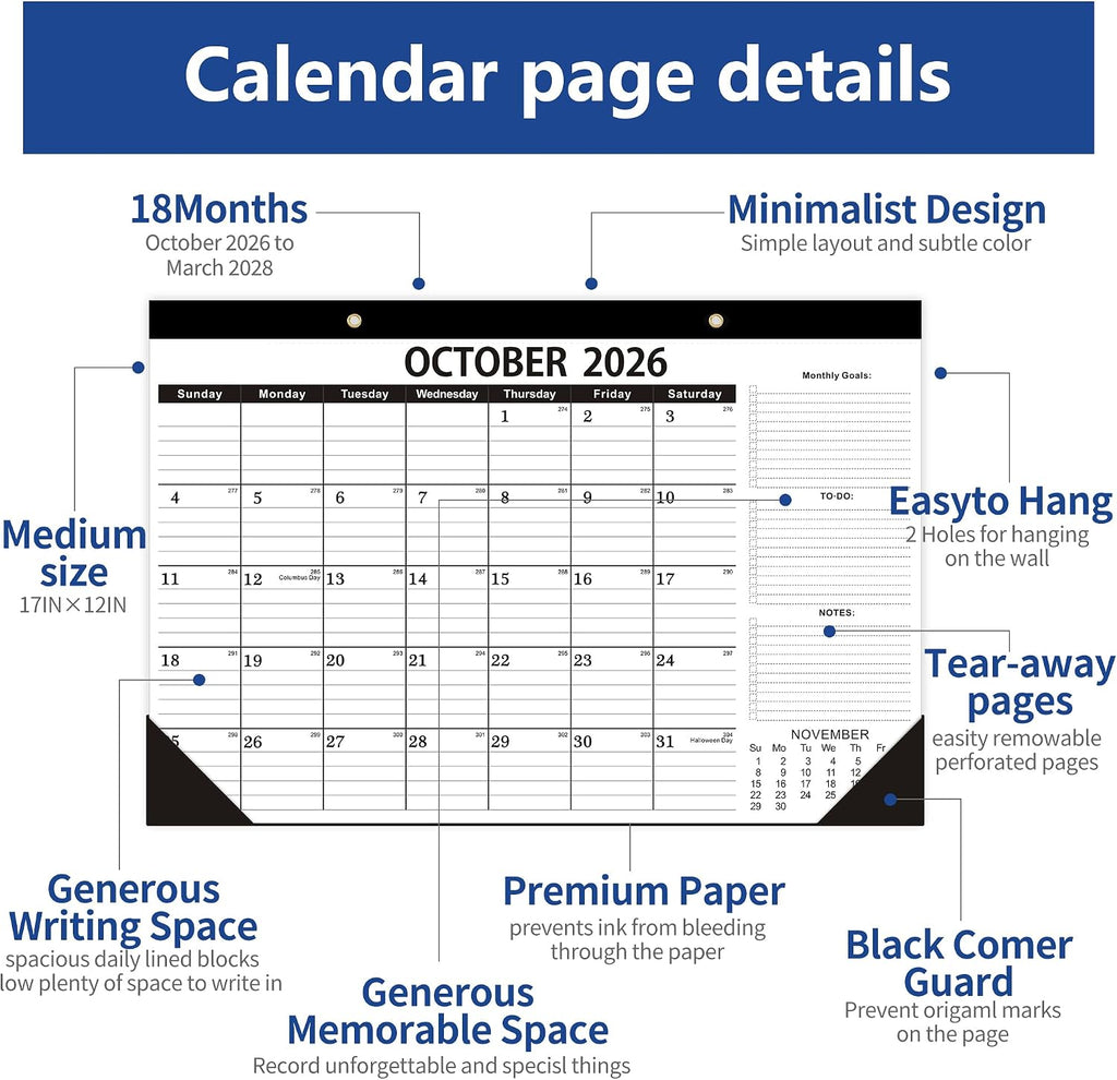 Desk Calendar 2026-2027,October 2026 to March 2028, Desk Calendar 2026-2027 with to-do list,Calendar 2027-18 Months,2027 Calendar 17" x 12" for Home or Office.