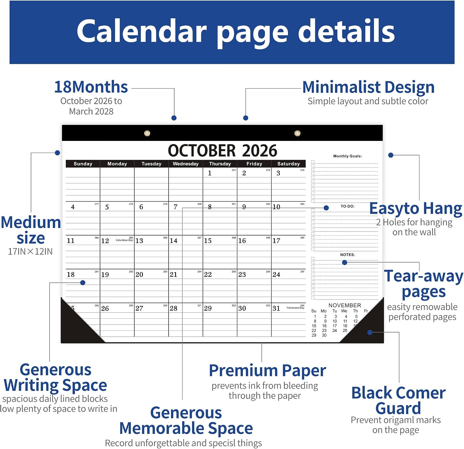 Desk Calendar 2026-2027,October 2026 to March 2028, Desk Calendar 2026-2027 with to-do list,Calendar 2027-18 Months,2027 Calendar 17" x 12" for Home or Office.