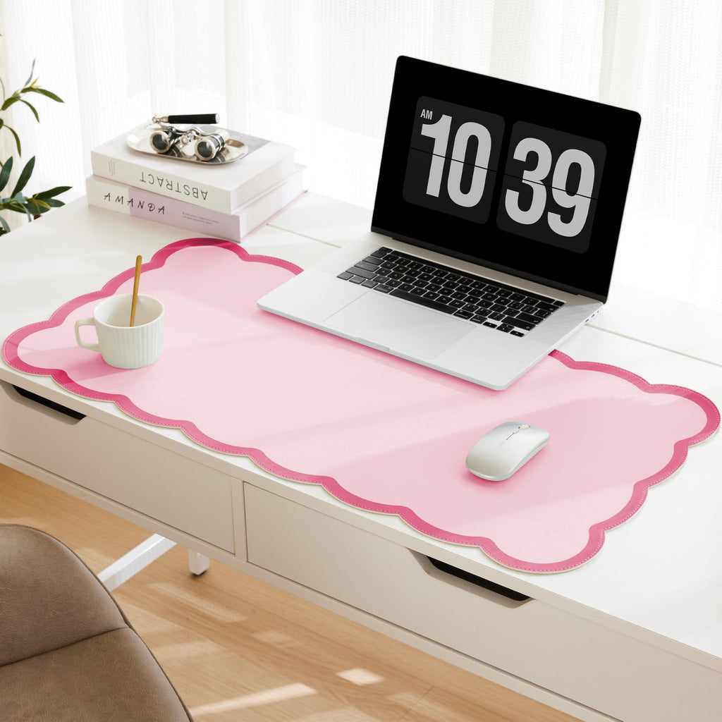 Scalloped Desk Mat, 31.5" x 15.7" Large Cute Aesthetic Desk Accessories, PU Leather Computer Laptop Desk Mouse Keyboard Pad, Desk Writing Mat for Vanity/Work/Home Decor (Pink, 31.5" x 15.7")