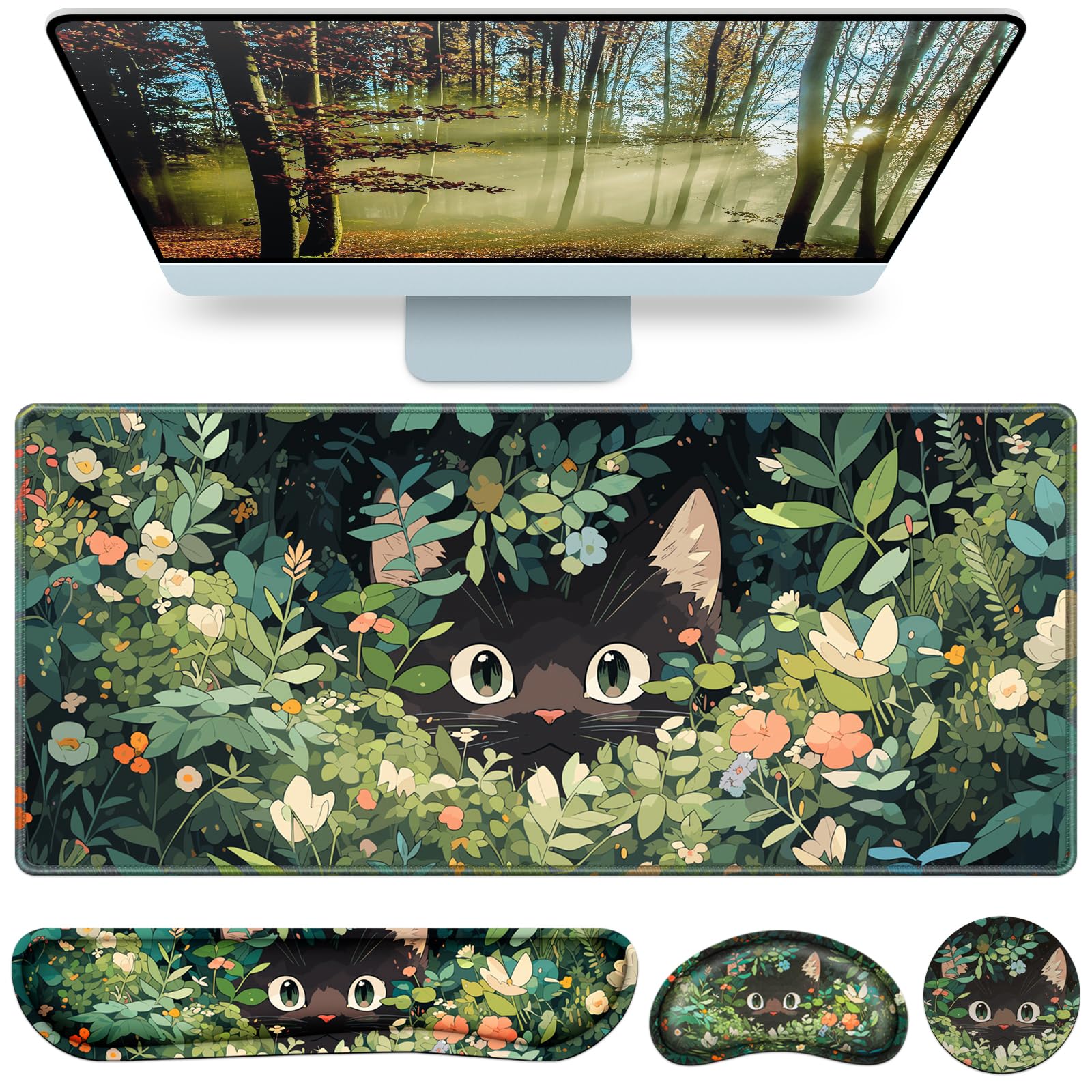 Desk Mat, Large Gaming Mouse Pad with Wrist Rest, 4in1 XXL Mousepad Floral