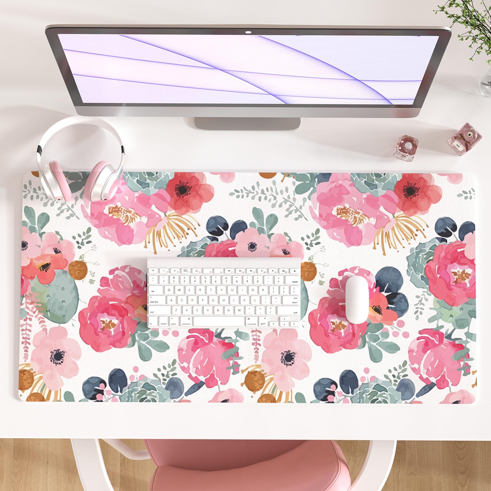QIYI PU Leather Large Mouse Pad, Waterproof Desk Mat, 31.5" x 15.7", Peony