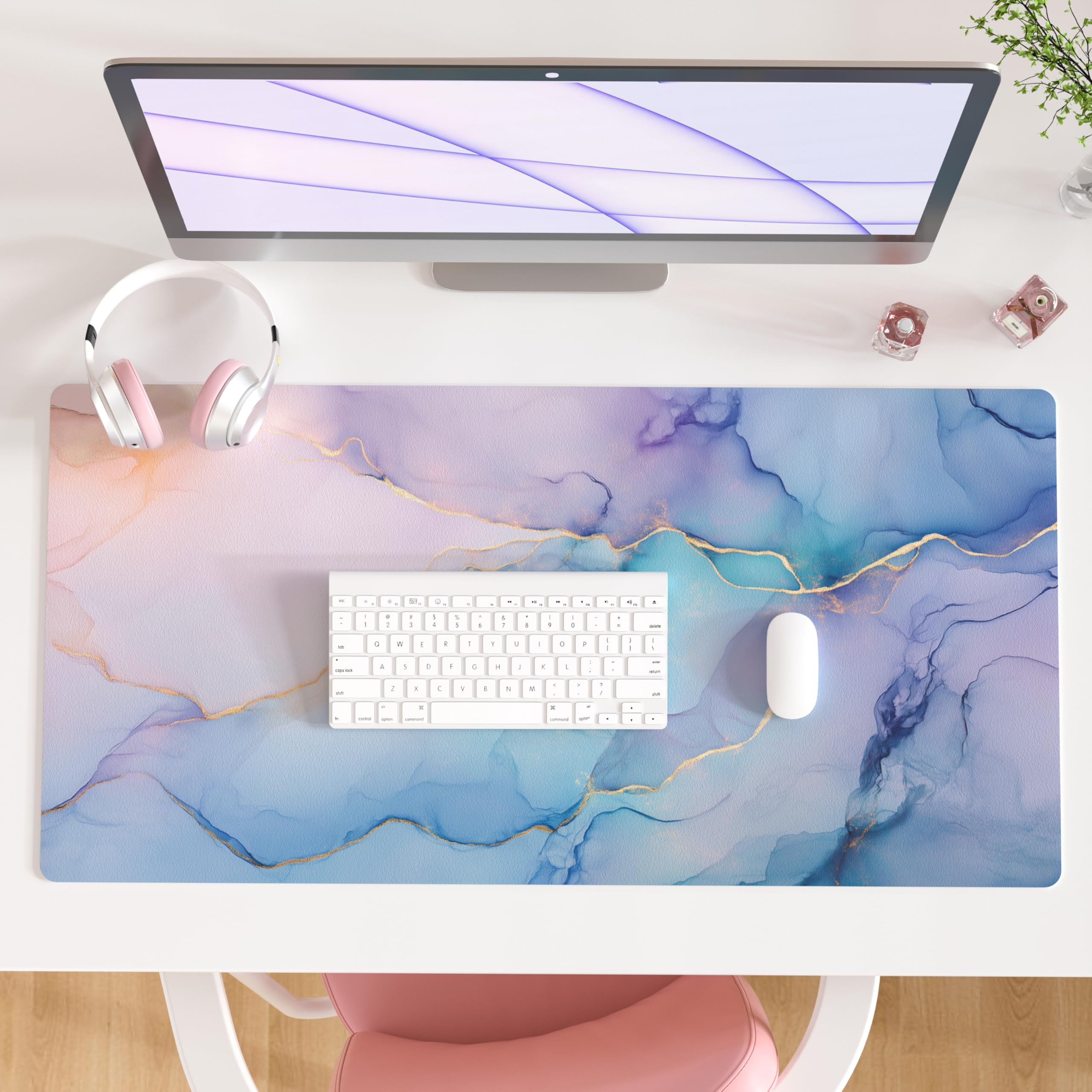 QIYI PU Leather Large Mouse Pad, Waterproof Desk Mat, 31.5" x 15.7", Peony