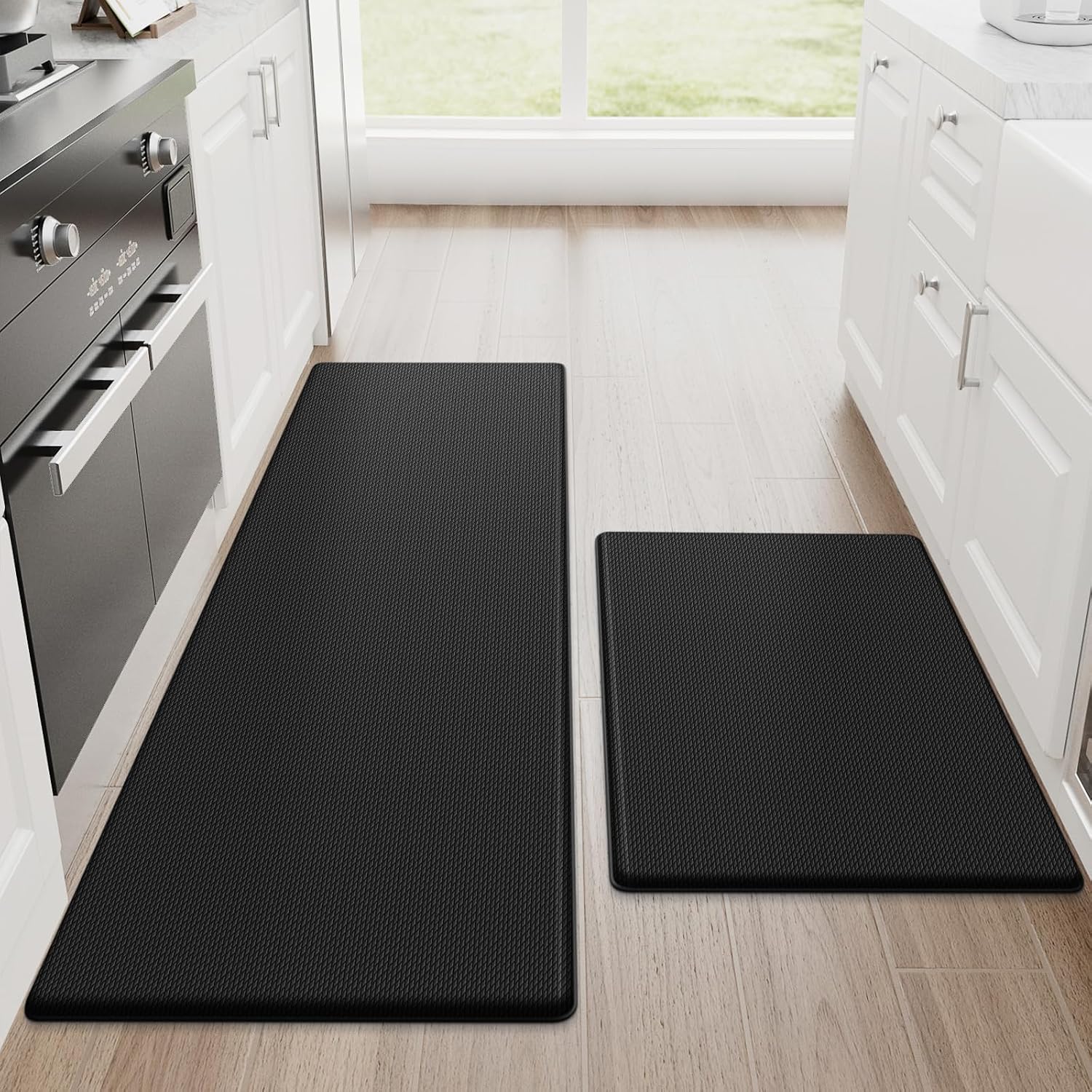StepRite Kitchen Mats for Floor, 2-Piece Anti-Fatigue Kitchen Rugs, Black