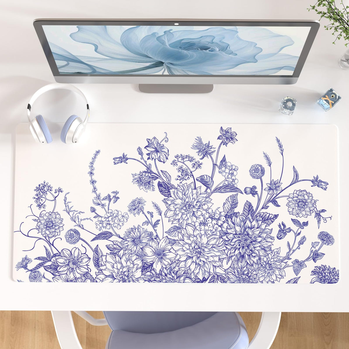 Faux Leather Large Mouse Pad, Office Desk Mat, 31.5"x15.7", Pink Floral