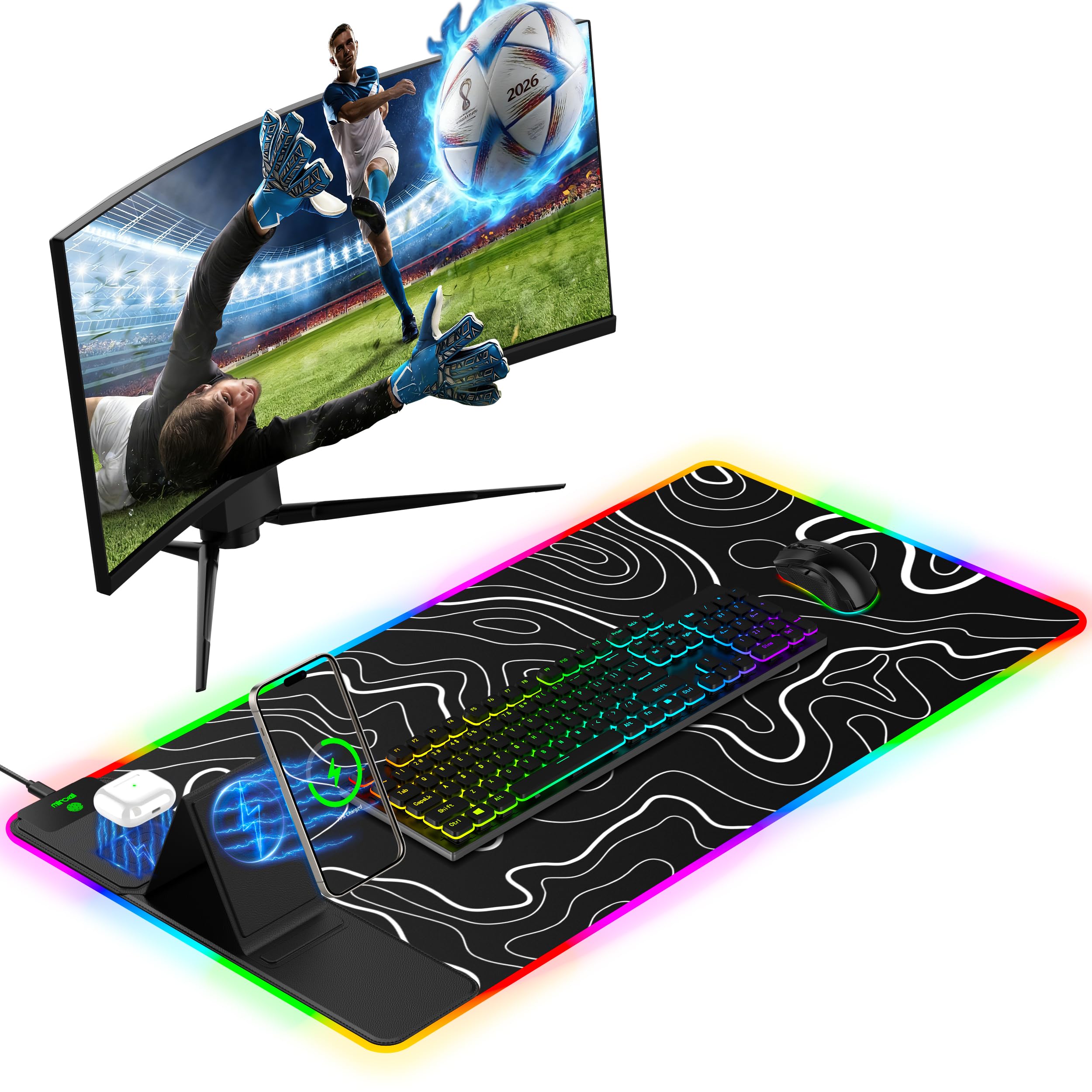 XXL Mouse Pad with Phone Holder - Black, RGB Desk Mat with 15W Fast Charging, LED Gaming Mousepad with 11 Light Colors, Waterproof Non-Slip Pad for Office & Home (Black with PD Adapter)