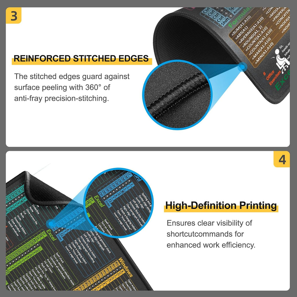 Kinevolve Mouse Pad for Excel/Word/PowerPoint/Windows Shortcuts – Small Excel Cheat Sheet Desk Pad – 11.8"x9.8" Portable Computer Mousepad – Gaming, Office, Waterproof, Non-Slip, Stitched Edges