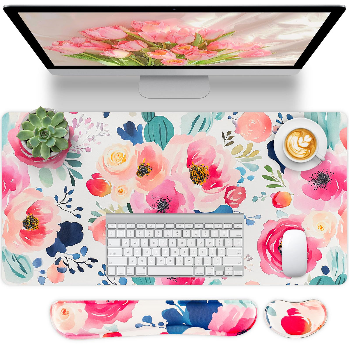 Bloss Pink Floral Desk Mat Cute, Leather Desk Pad, 31.5 x 15.7 Inch