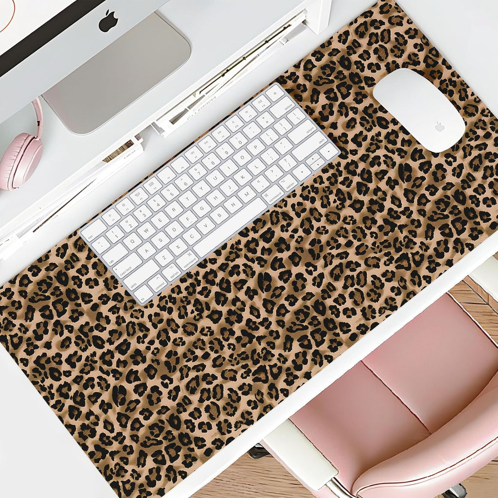 Leather Desk Mat for Keyboard, Extra Large Mouse Pad, Leopard