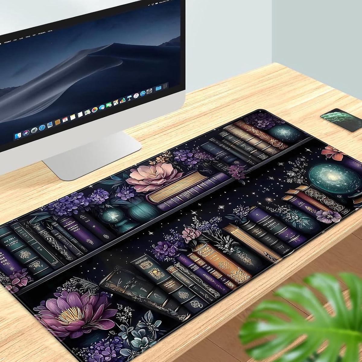 Purple Flowers Bookshelf Desk Mat Bookish Desk Pad Celestial Floral Books Large Mouse Pad XXL Extended Mousepad Aesthetic Keyboard Pad Crystal Globe Mouse Mat 31.5x15.7 in Office Decor for Women