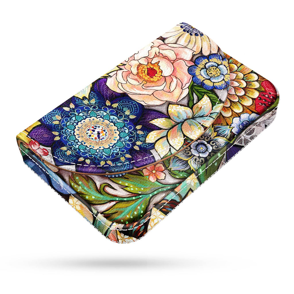 Business Card Holder，PU Leather Business Card Case Color Printing Pattern Card Holder Wallet，Pockets Magnetic Credit Card Holders for Men and Women，Bohemian Leaf